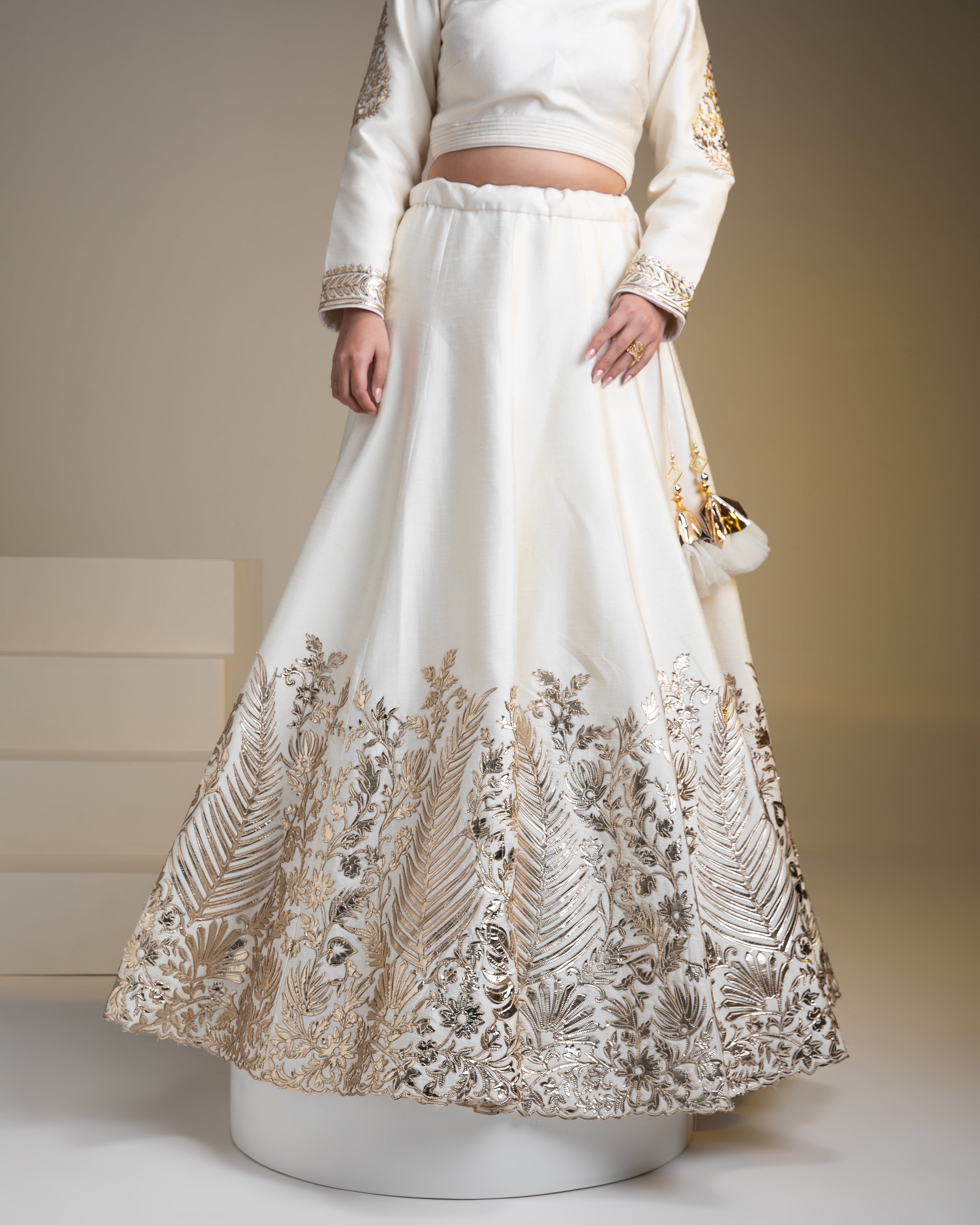 Pristine White Silk Lehenga Set with Metallic Gold Embroidery - Mokshaa