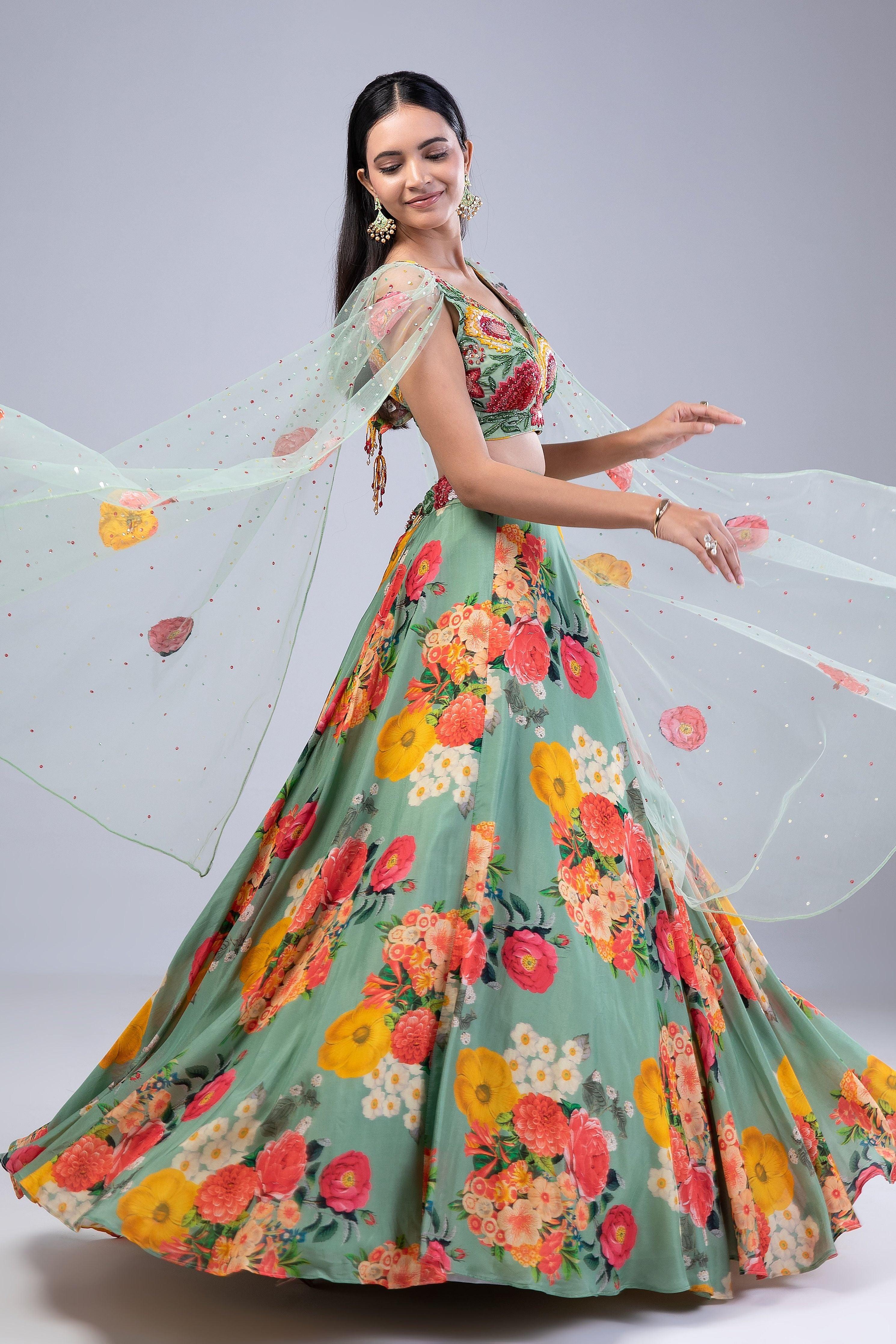 Green Printed Lehenga Set - Mokshaa