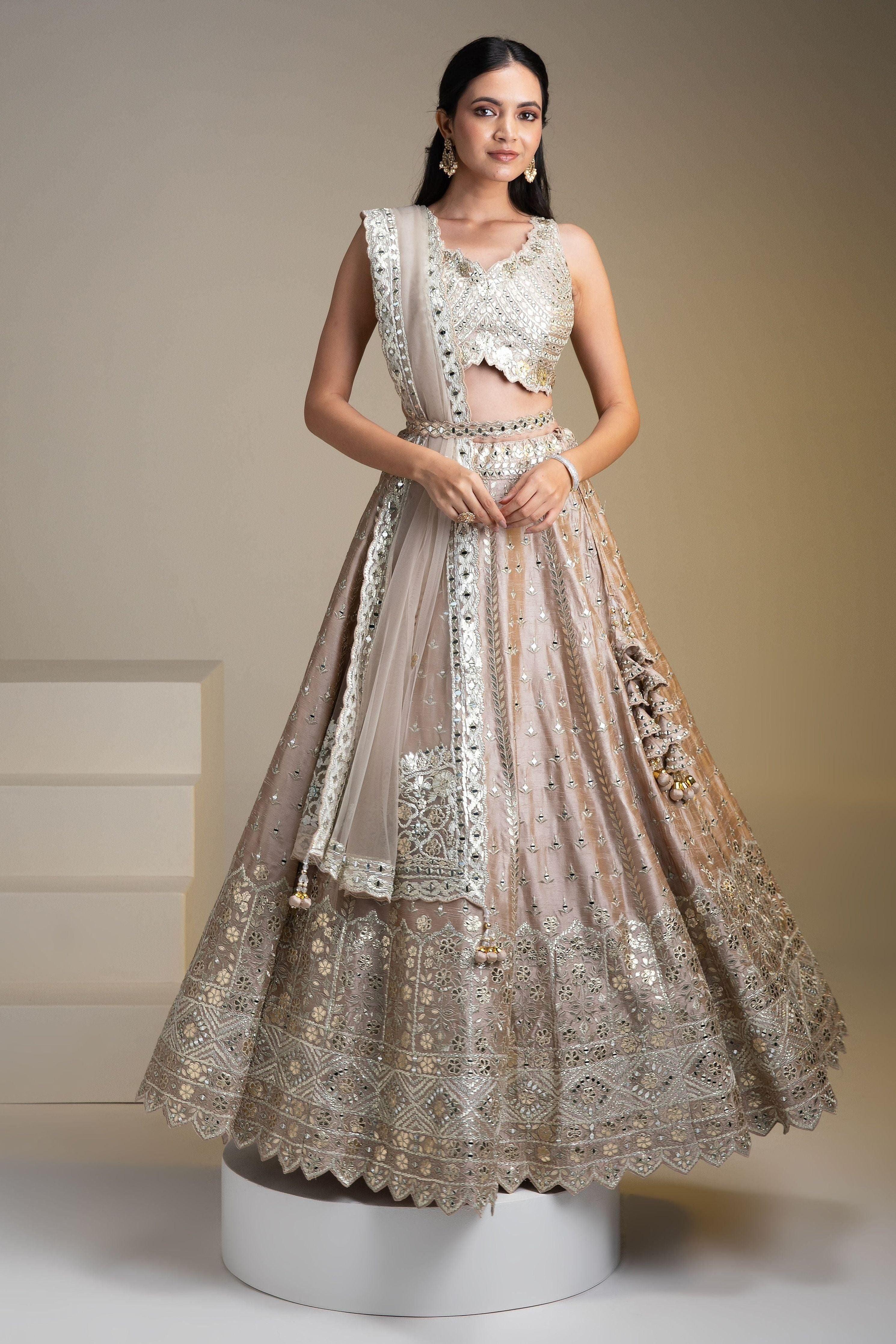 Beige Raw Silk Lehenga Set With Mirror Work M Beige Raw Silk Lehenga Set With Mirror Work M