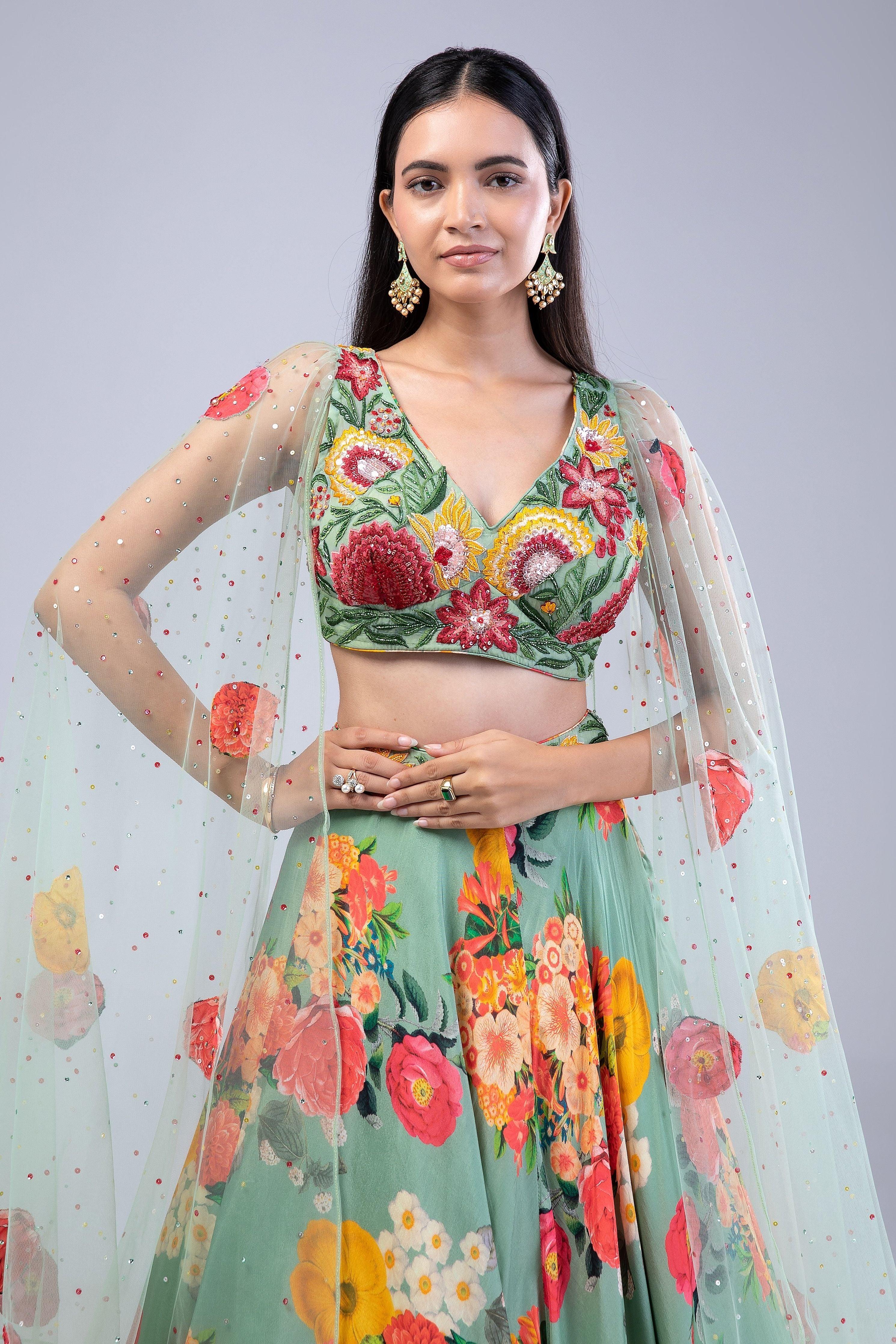 Green Printed Lehenga Set - Mokshaa
