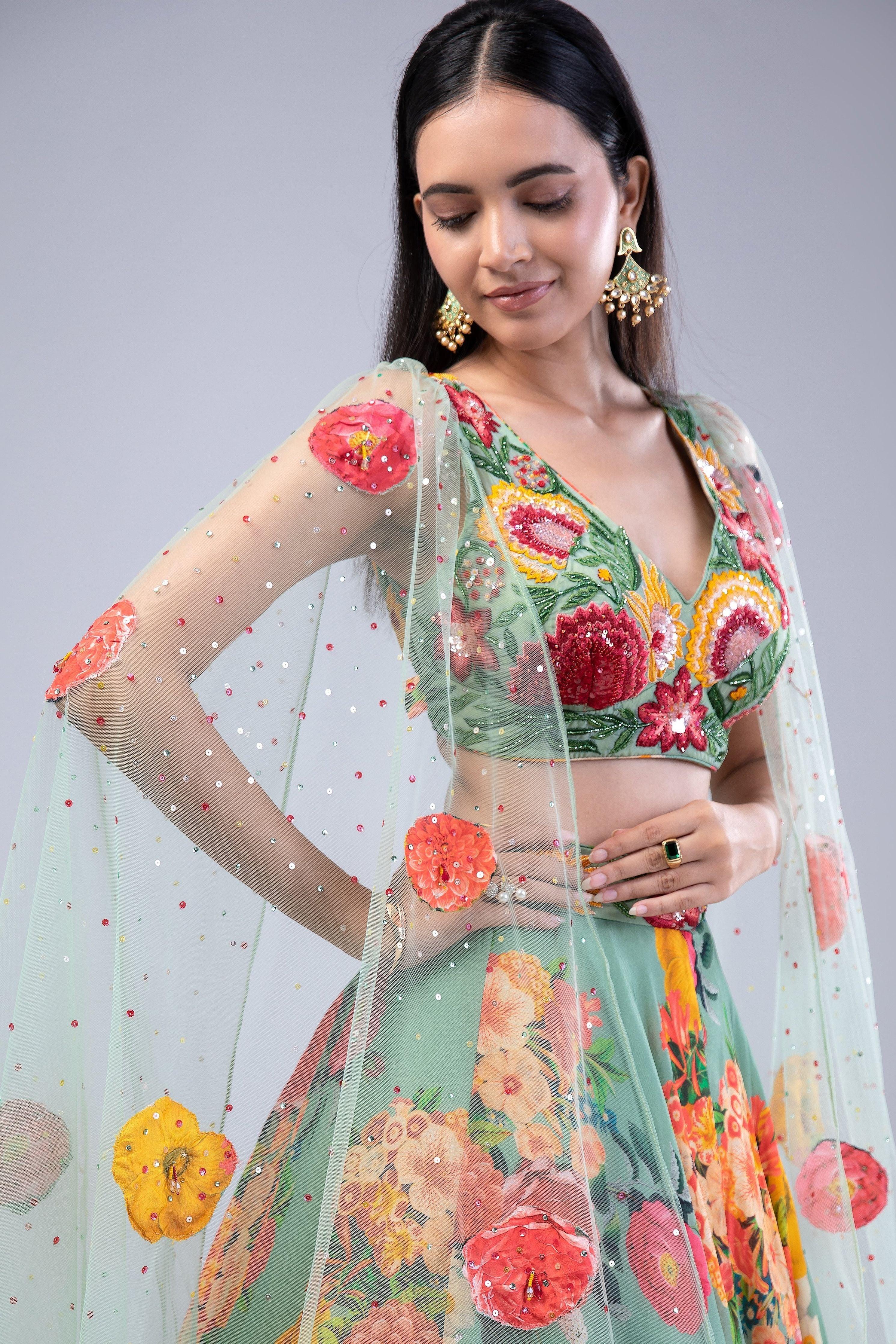Green Printed Lehenga Set - Mokshaa