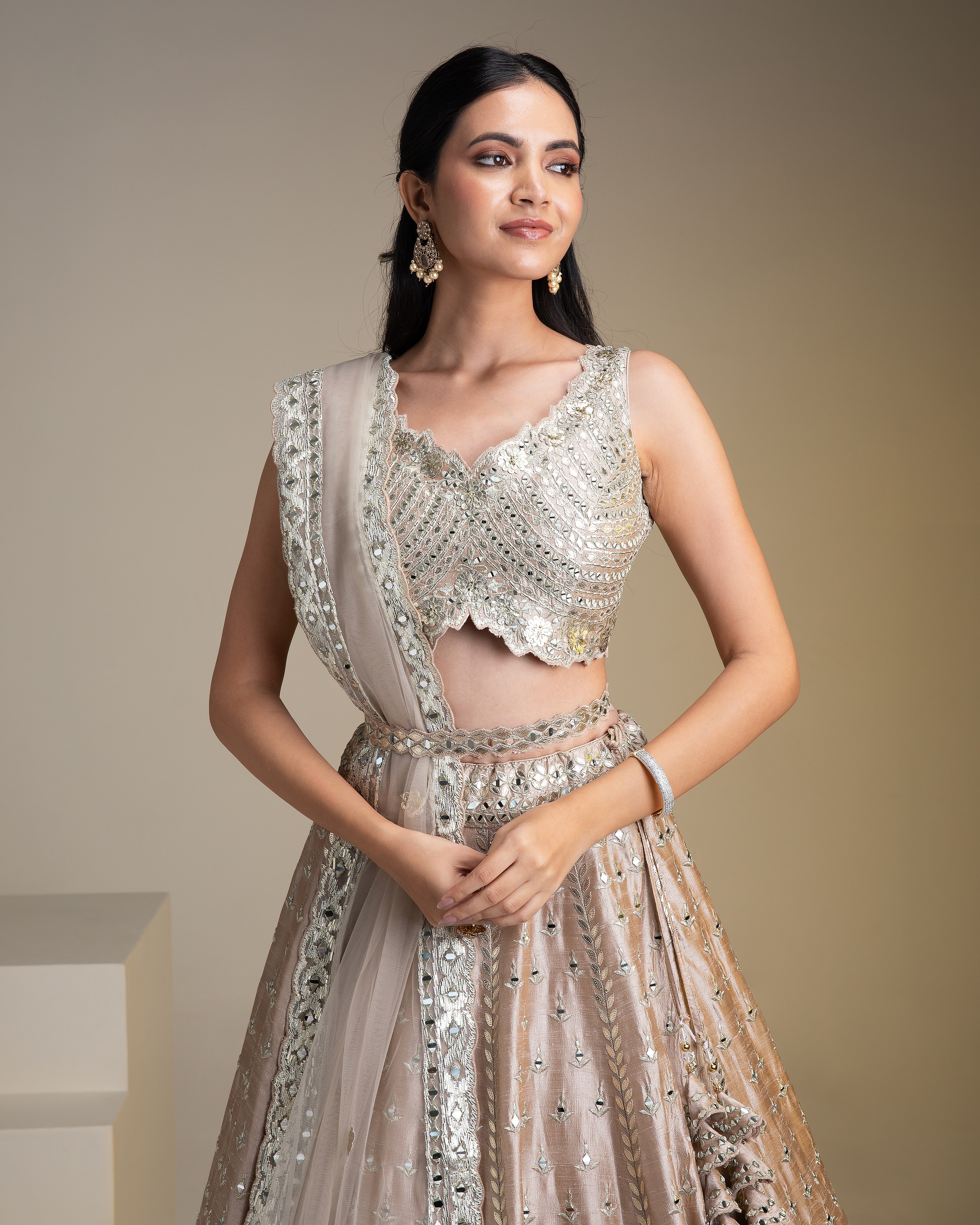 Beige Raw Silk Lehenga Set with Mirror Work - Mokshaa