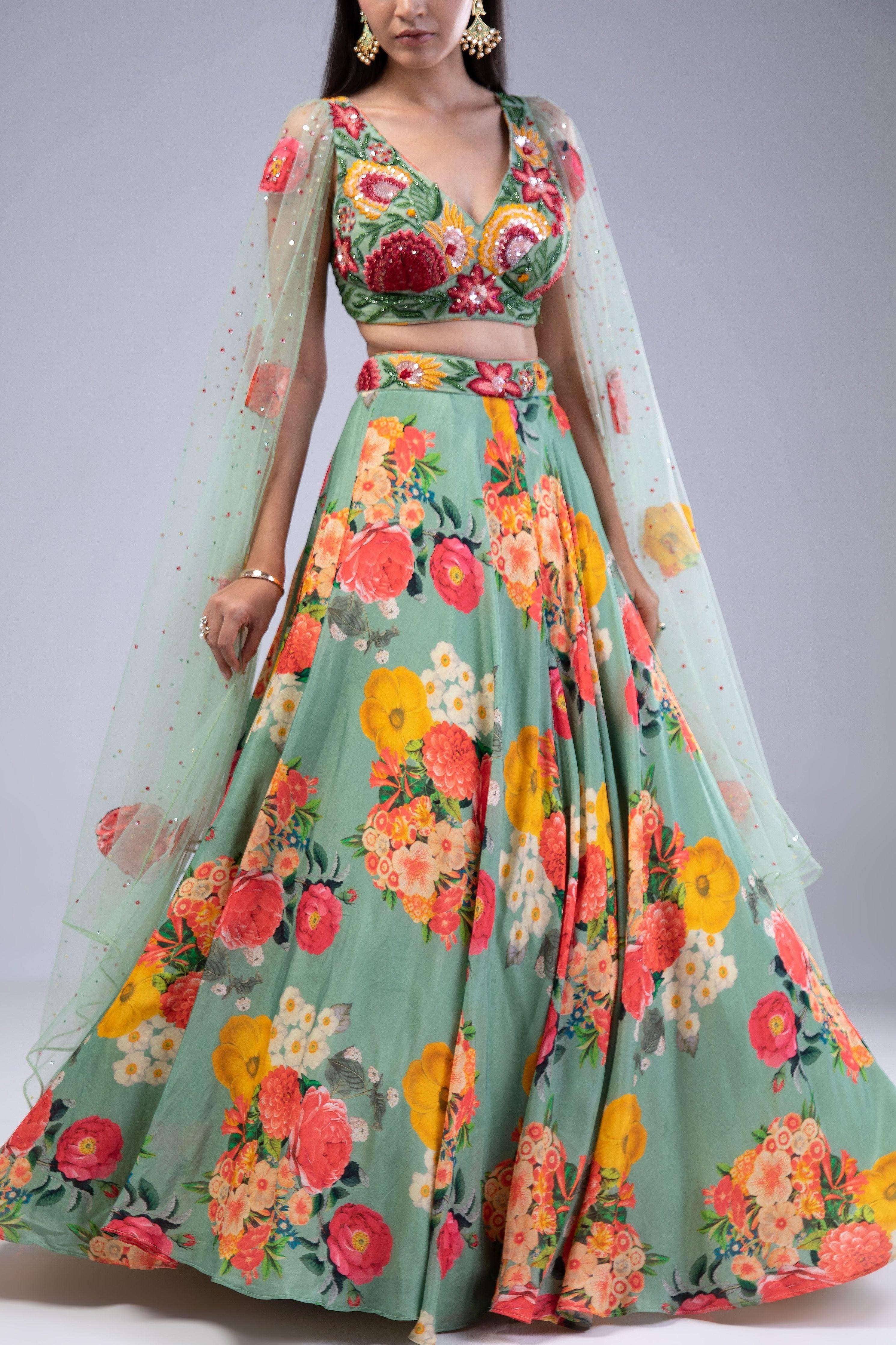 Green Printed Lehenga Set - Mokshaa