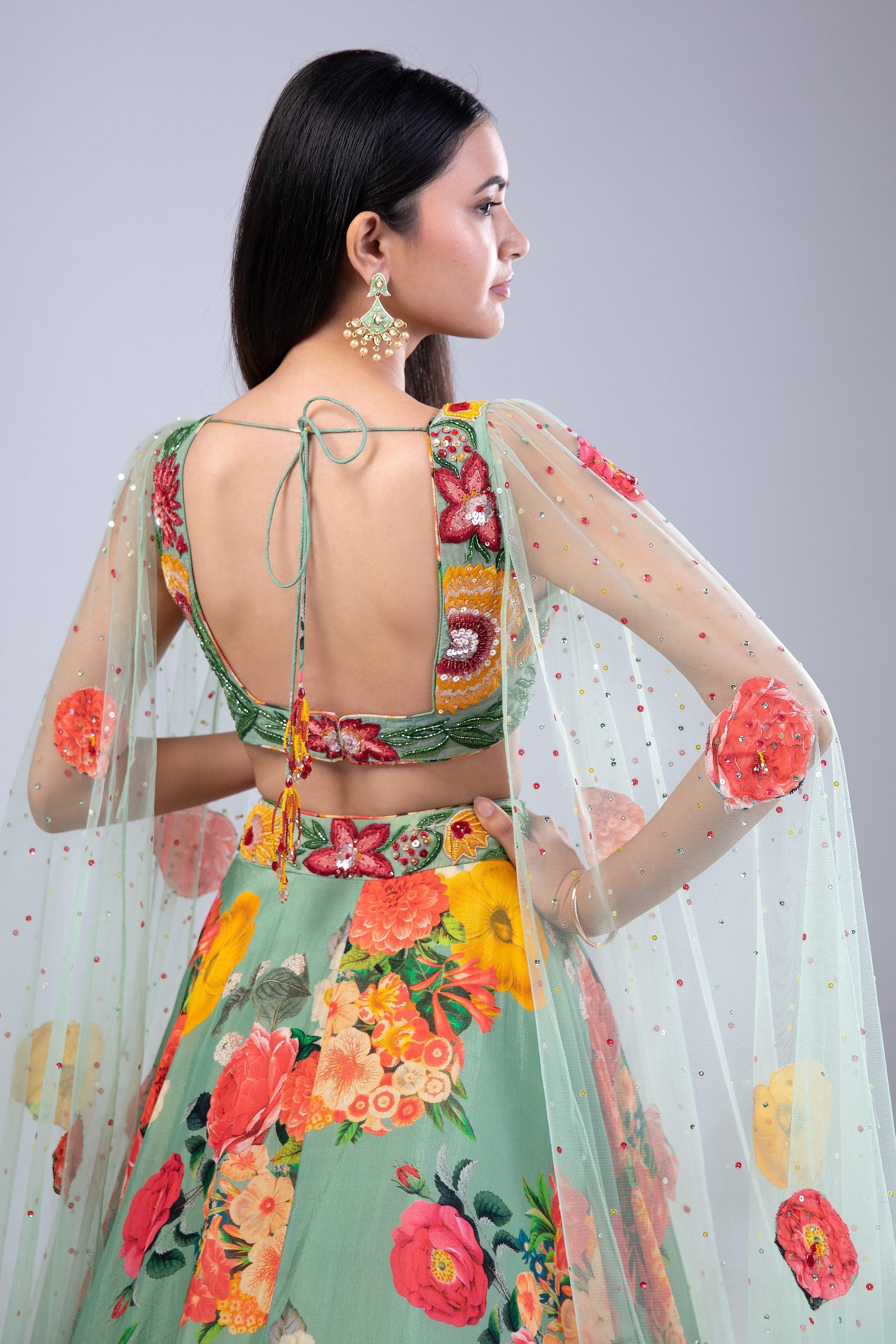 Green Printed Lehenga Set - Mokshaa