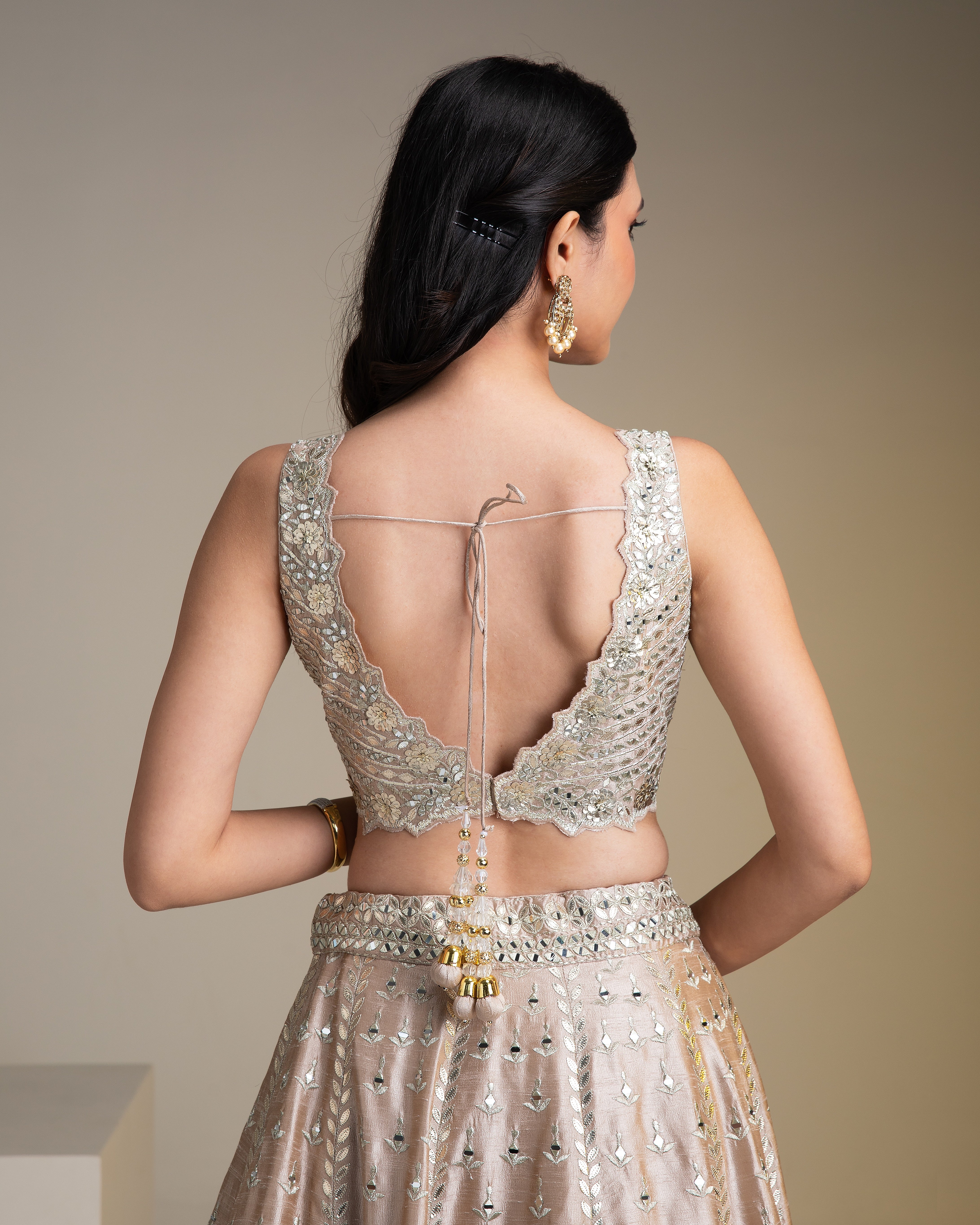 Beige Raw Silk Lehenga Set with Mirror Work - Mokshaa