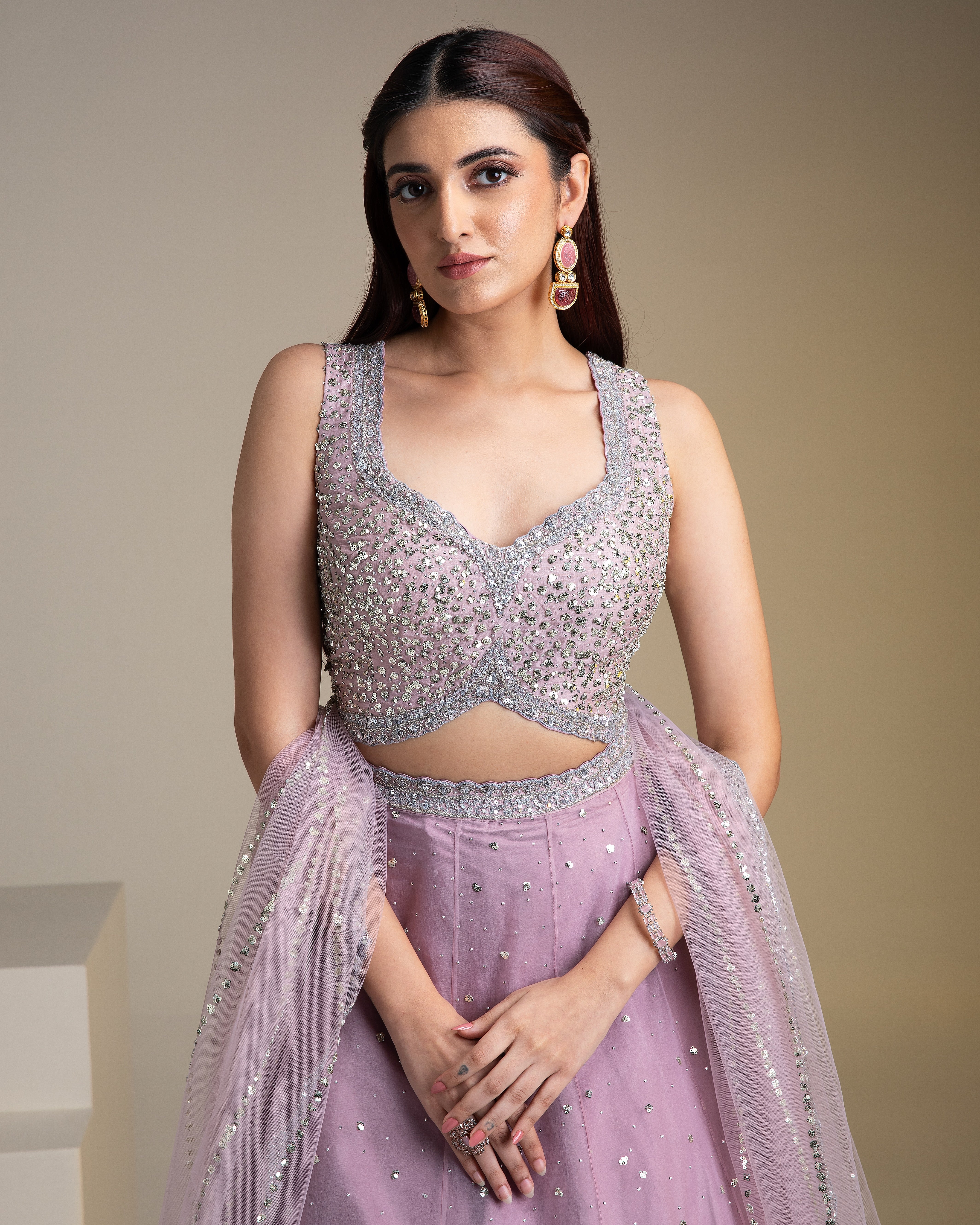 Mauve Organza Lehenga Set with Sequins and Delicate Embroidery - Mokshaa