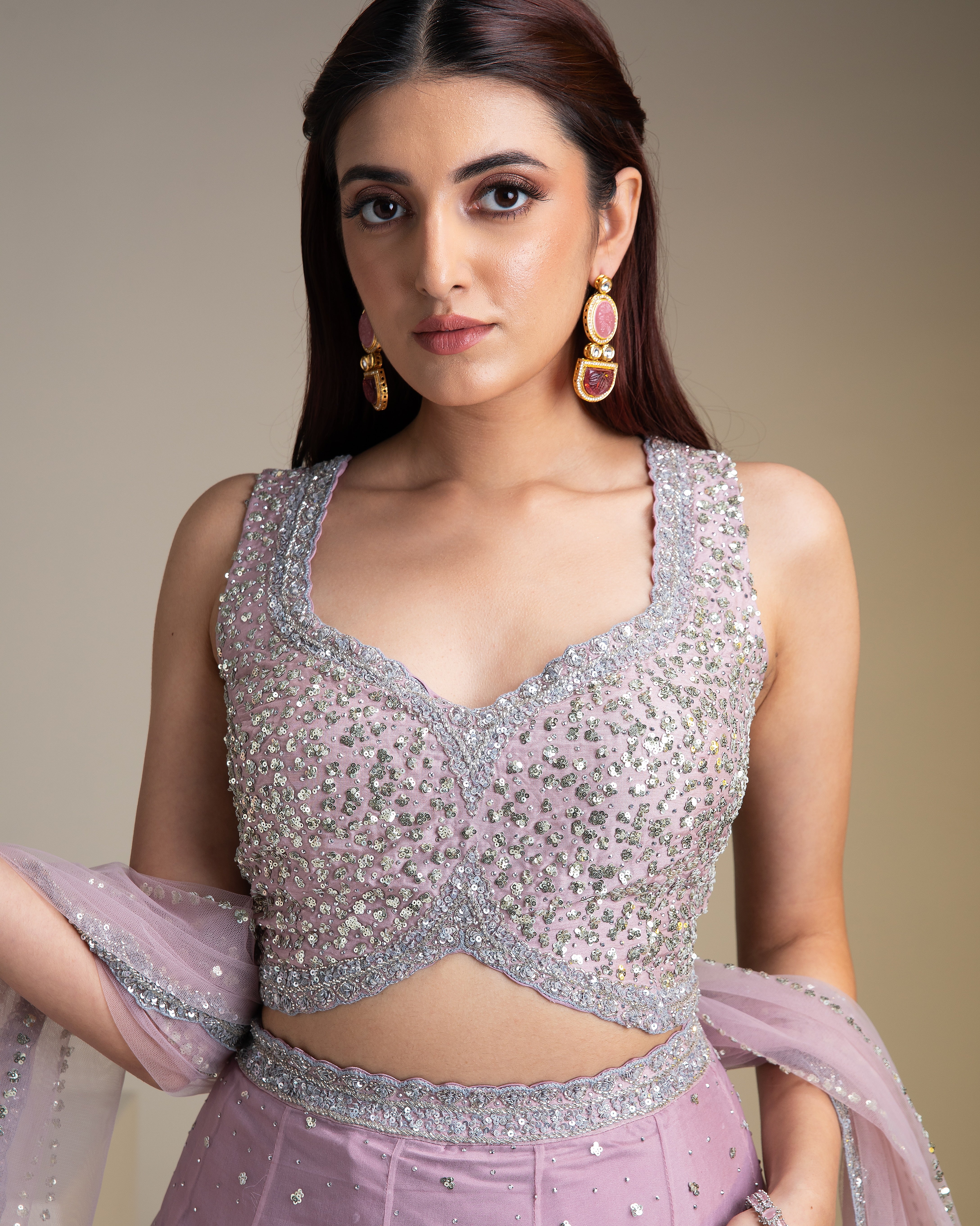 Mauve Organza Lehenga Set with Sequins and Delicate Embroidery - Mokshaa