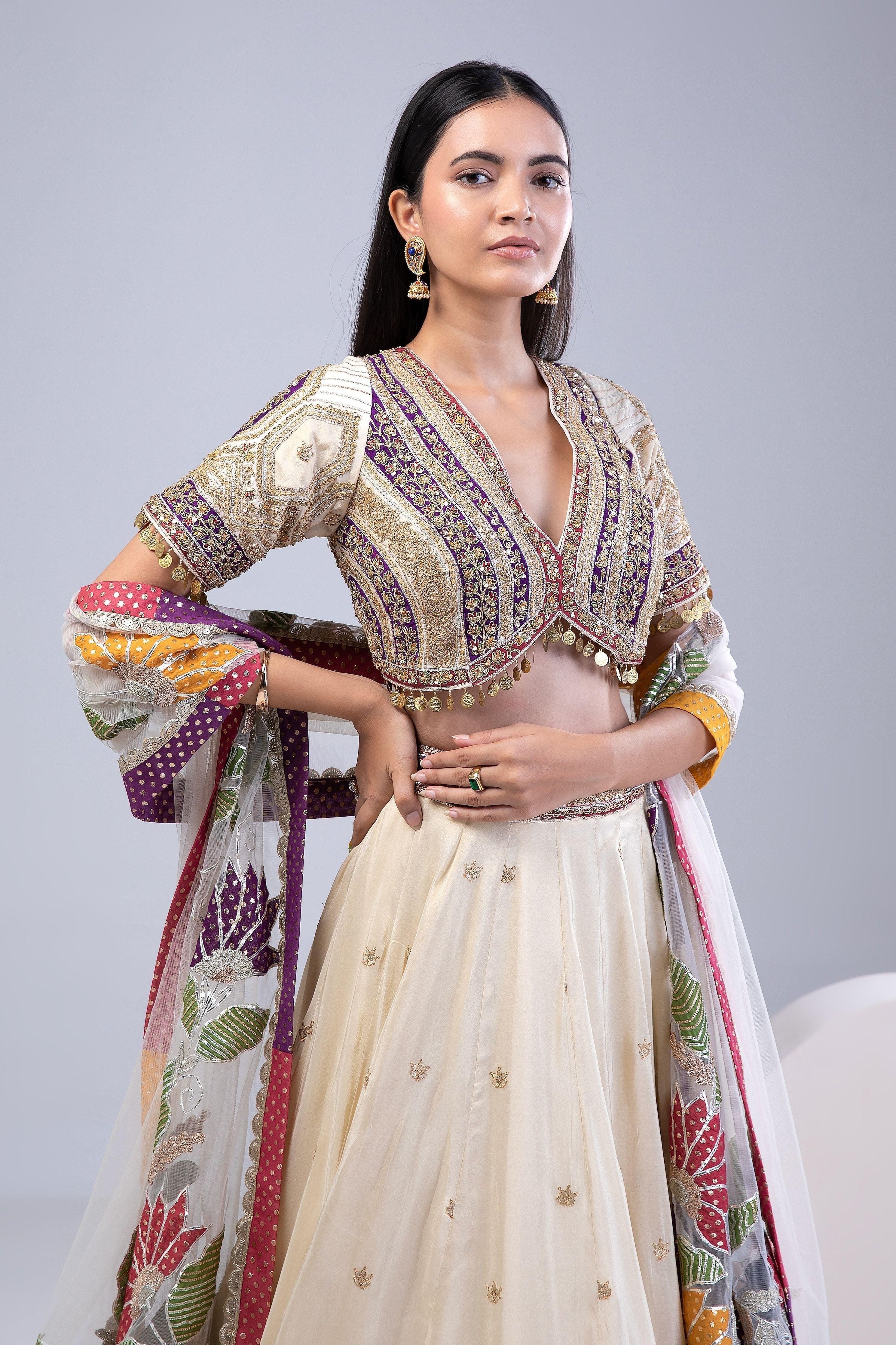 Cream Tissue Silk Lehenga Set - Mokshaa