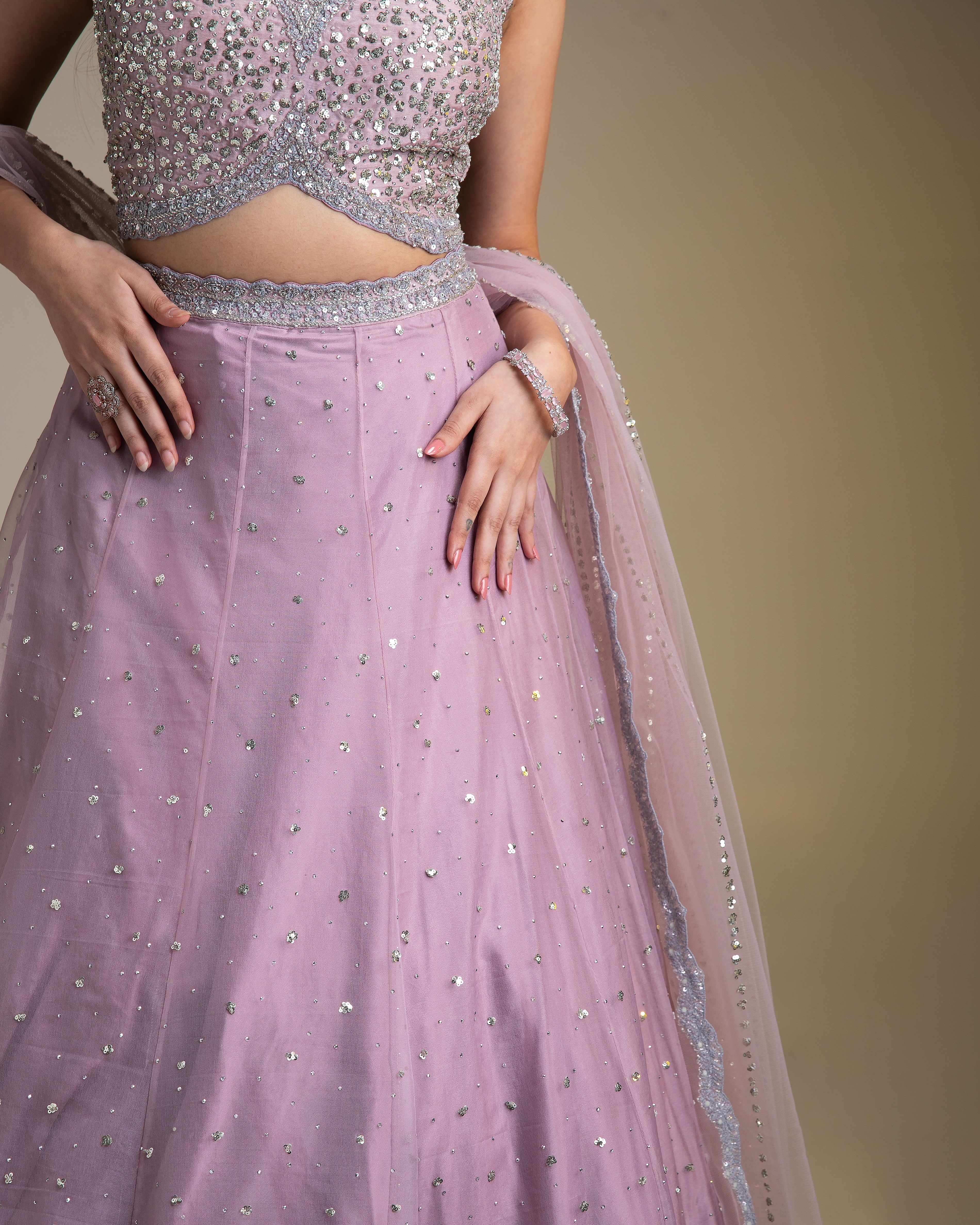 Mauve Organza Lehenga Set with Sequins and Delicate Embroidery - Mokshaa
