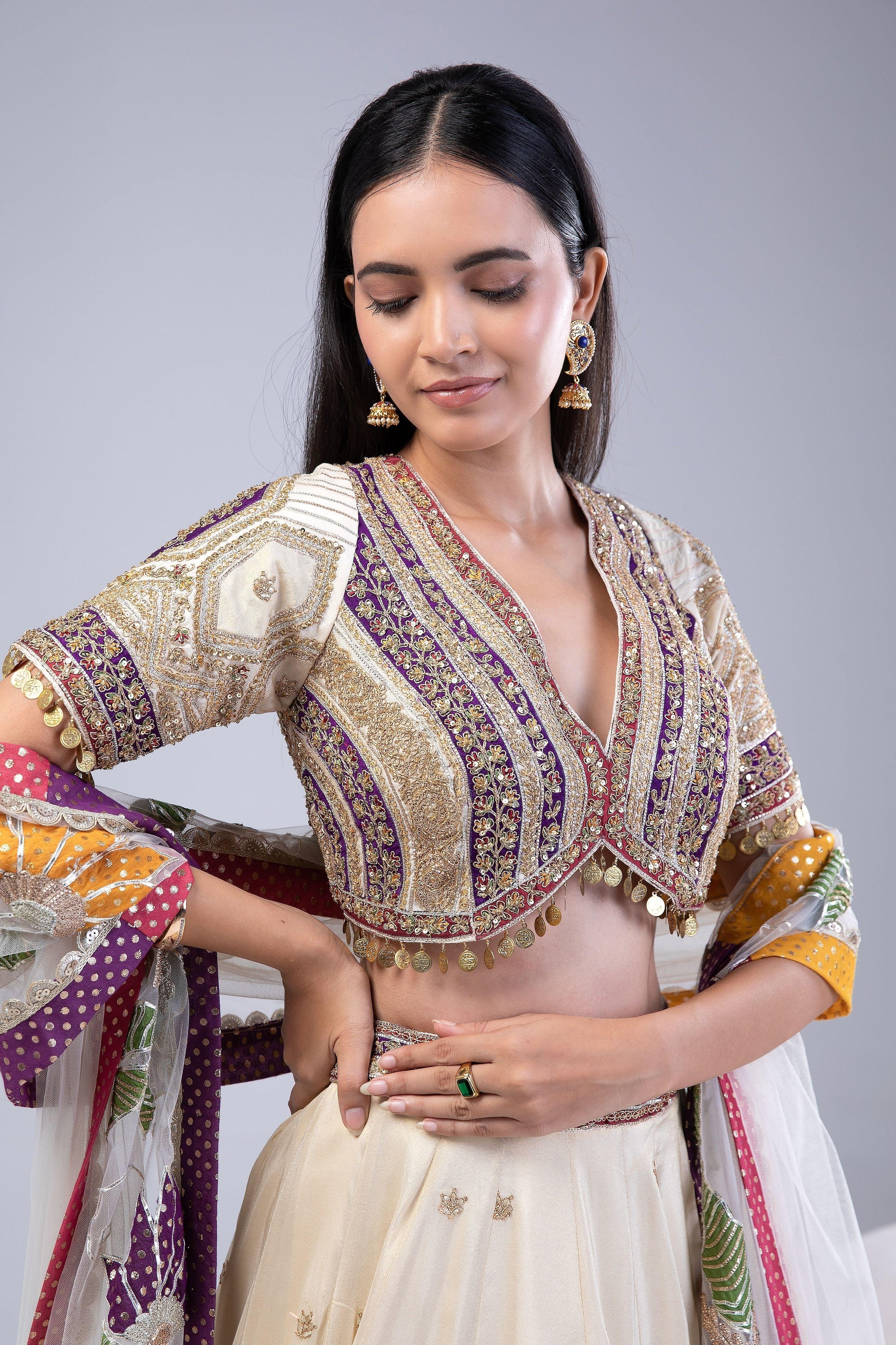 Cream Tissue Silk Lehenga Set - Mokshaa