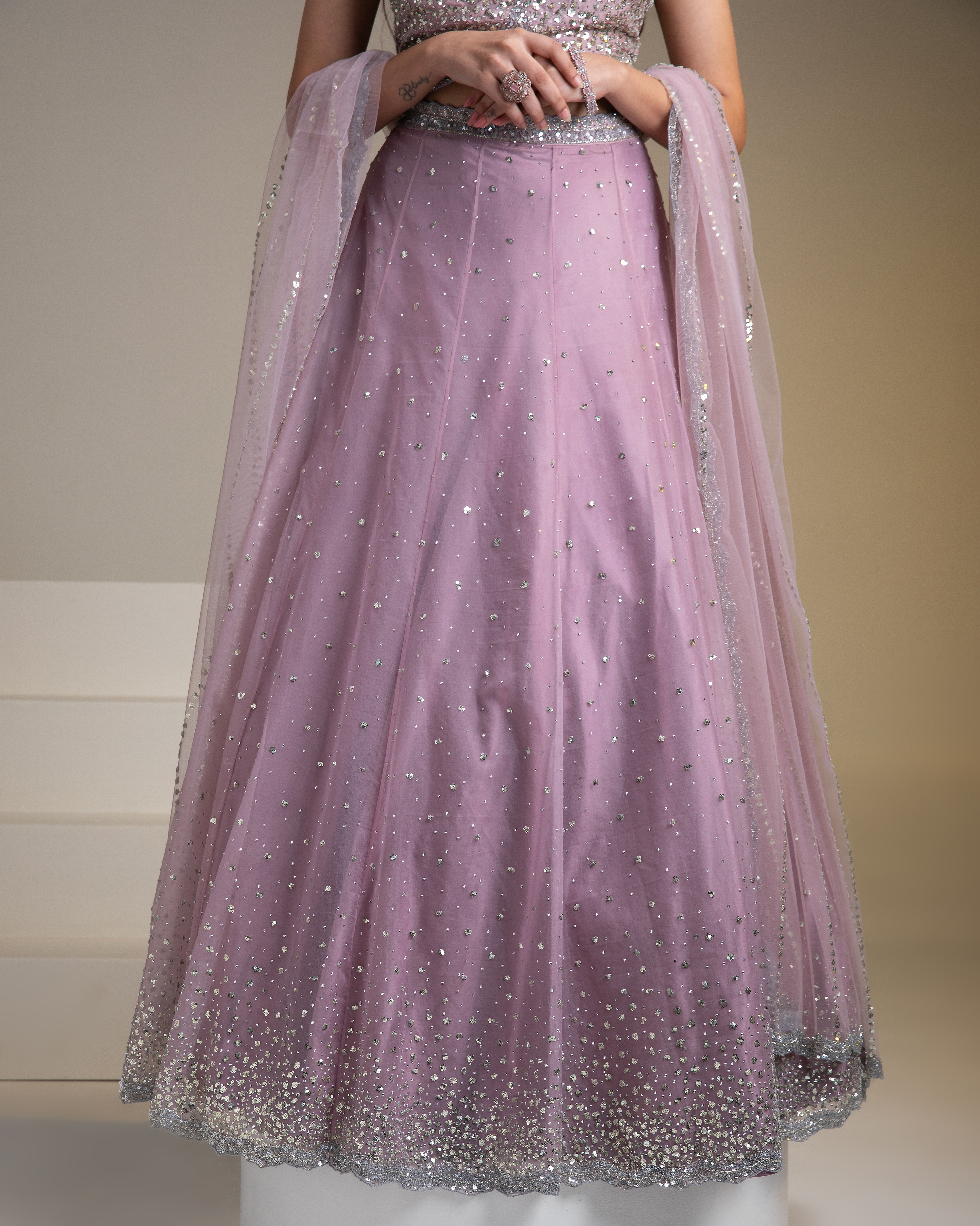 Mauve Organza Lehenga Set with Sequins and Delicate Embroidery - Mokshaa