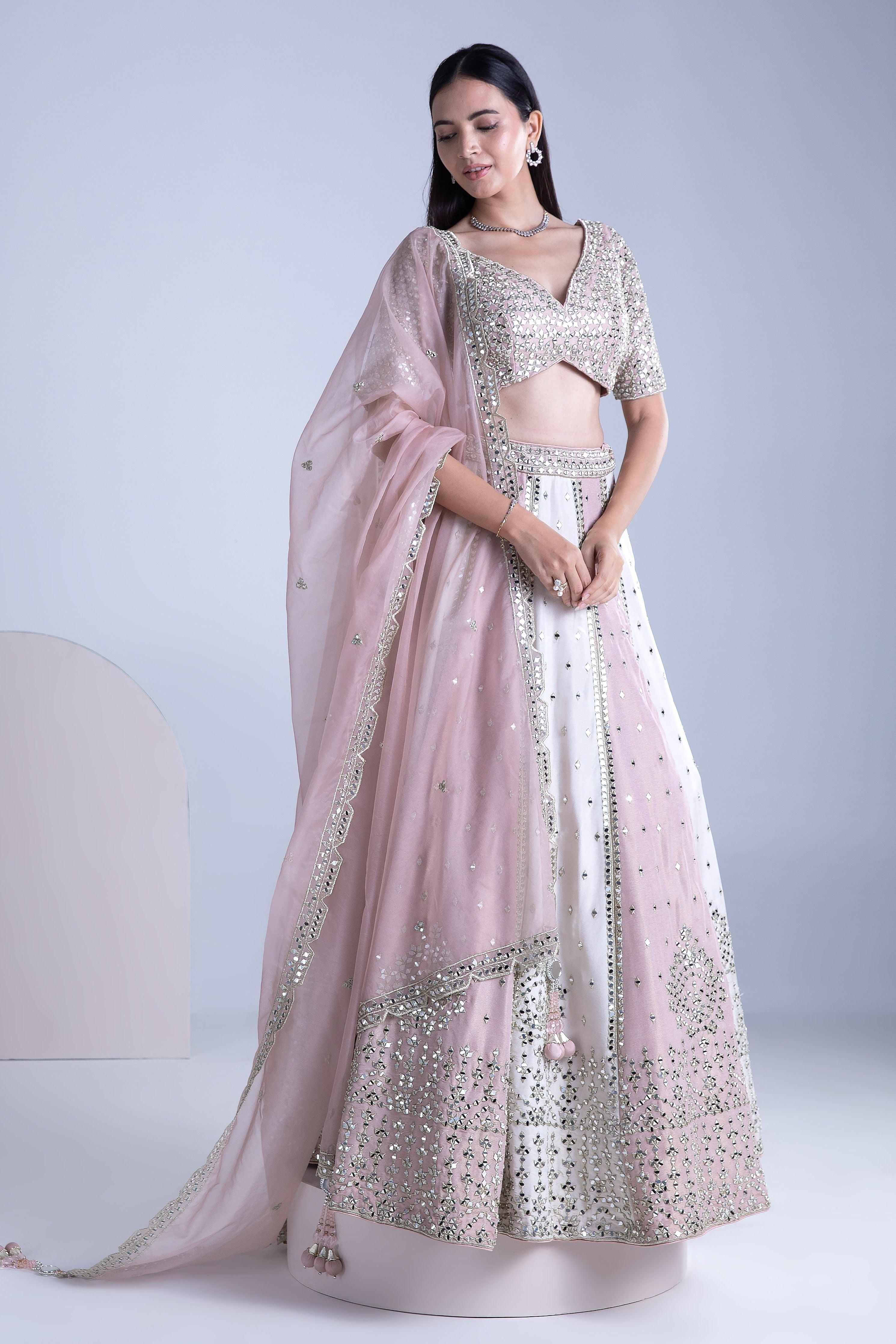 Ivory and Blossom Pink Silk Lehenga Set - Mokshaa