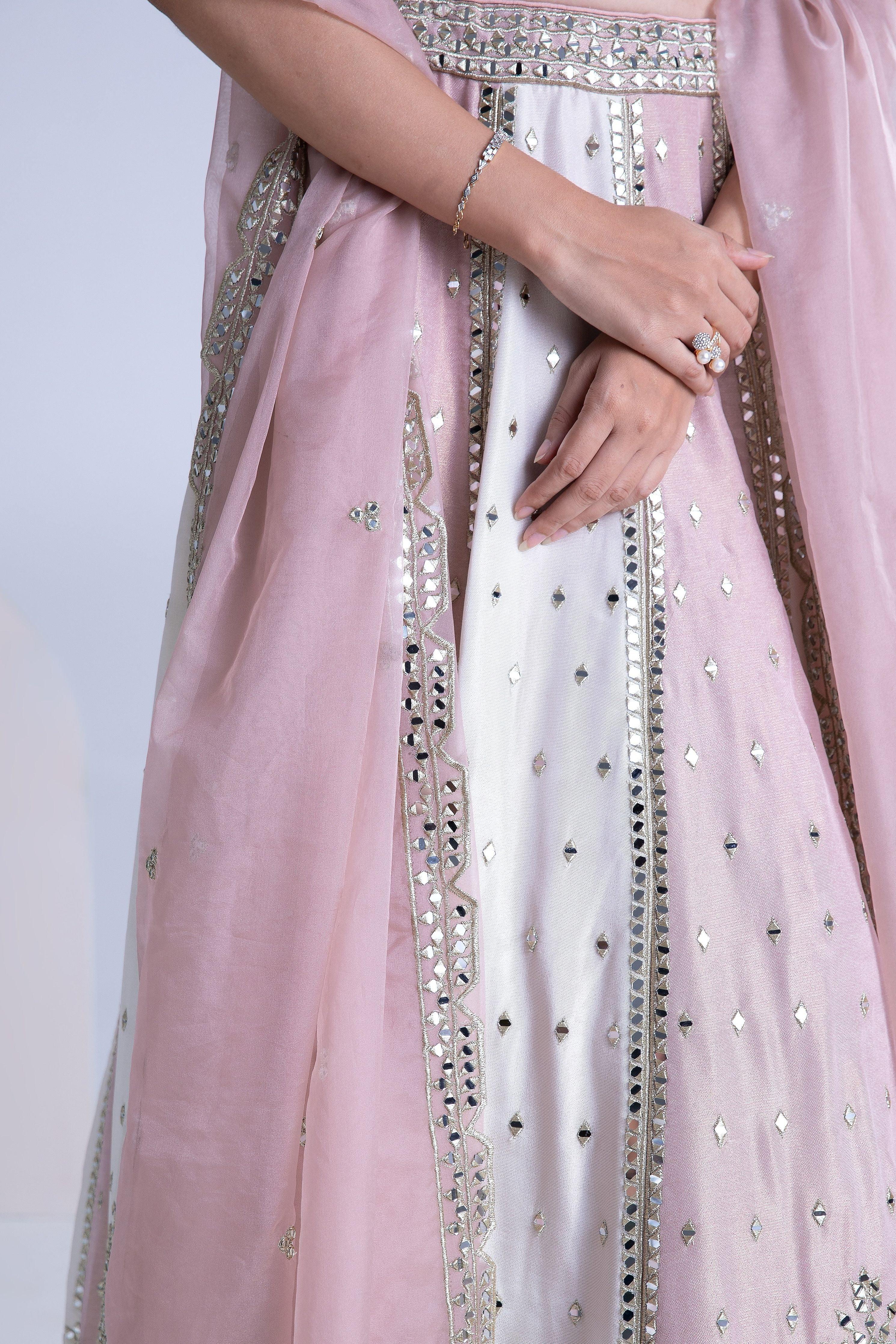 Ivory and Blossom Pink Silk Lehenga Set - Mokshaa