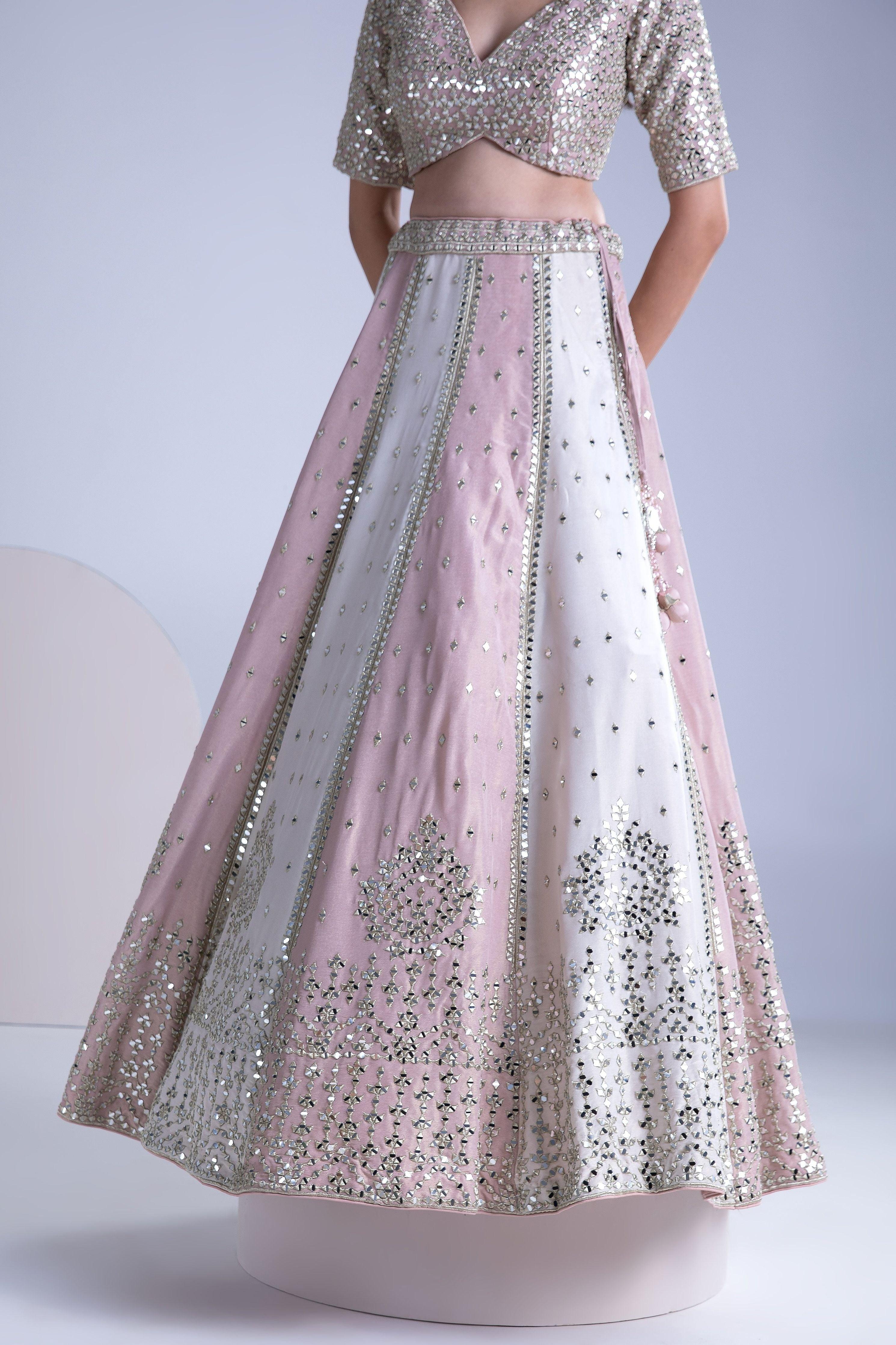Ivory and Blossom Pink Silk Lehenga Set - Mokshaa