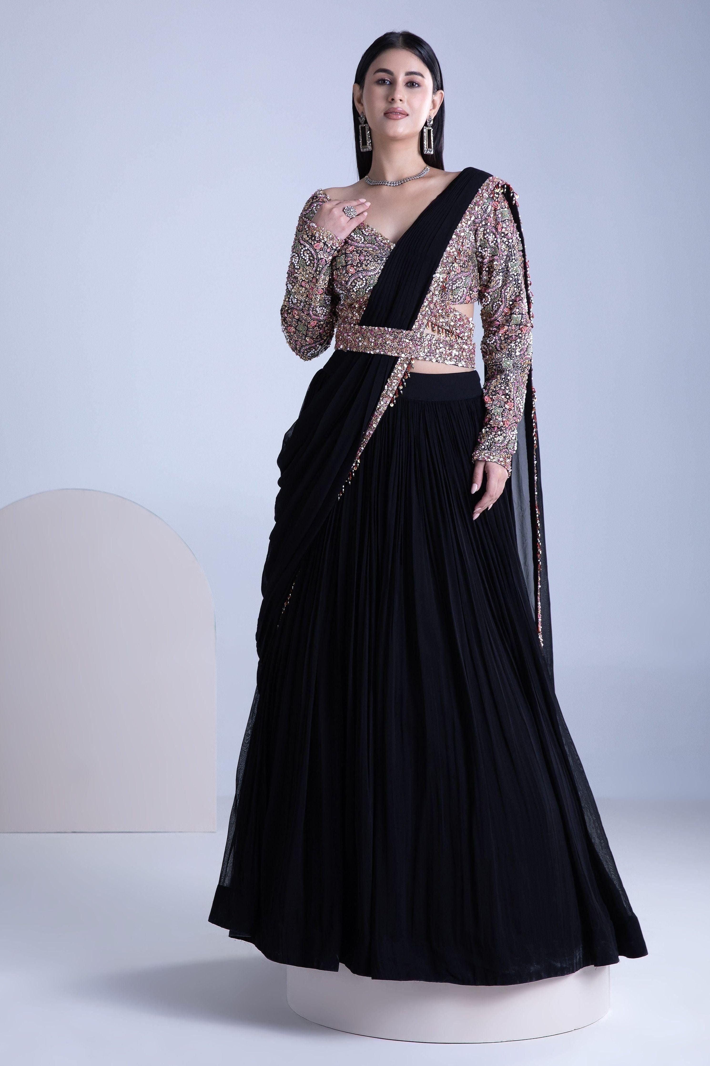 Black Georgette Pleated Lehenga Set - Mokshaa