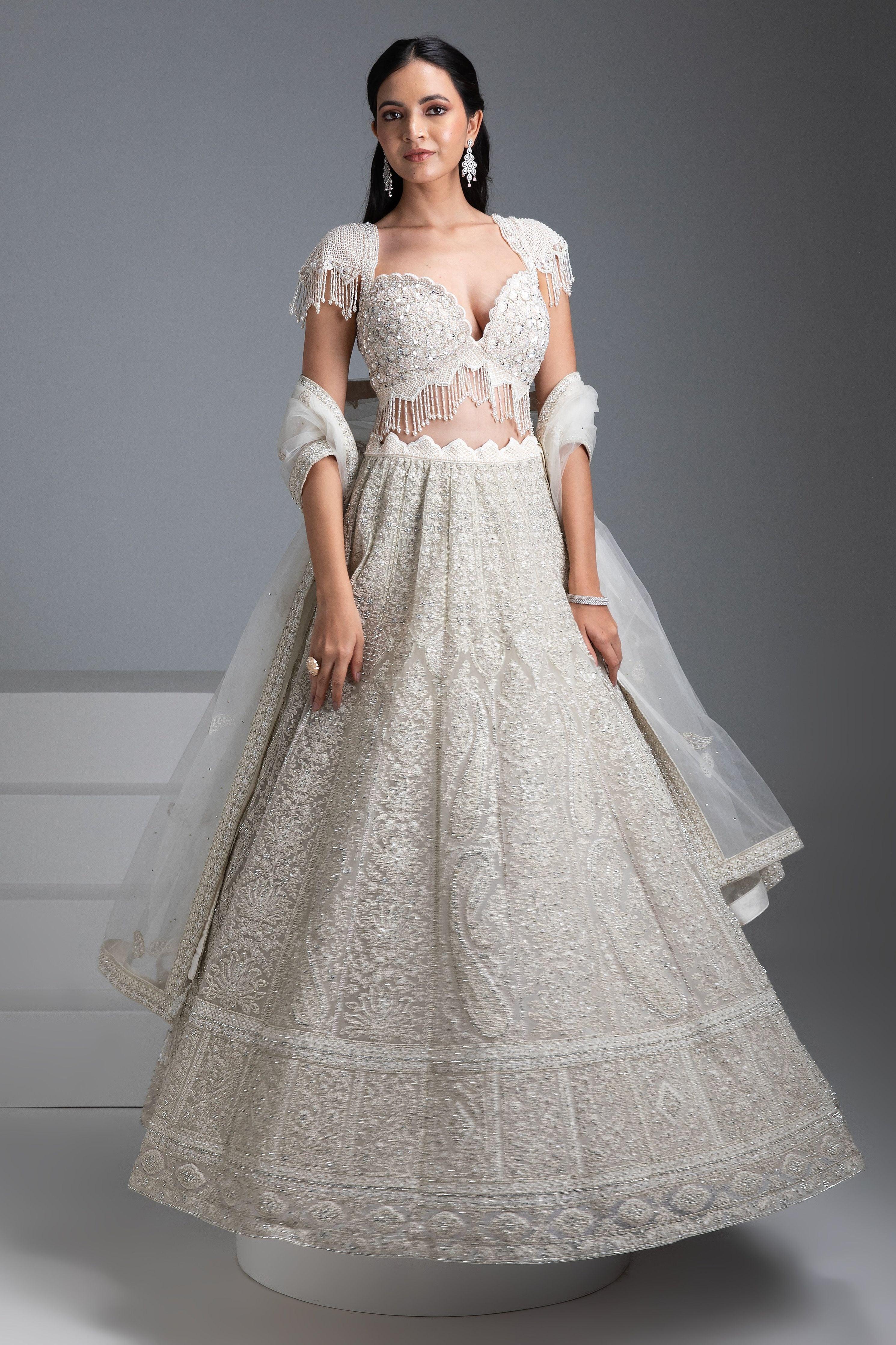 Ivory Embroidered Georgette Lehenga Set - Mokshaa