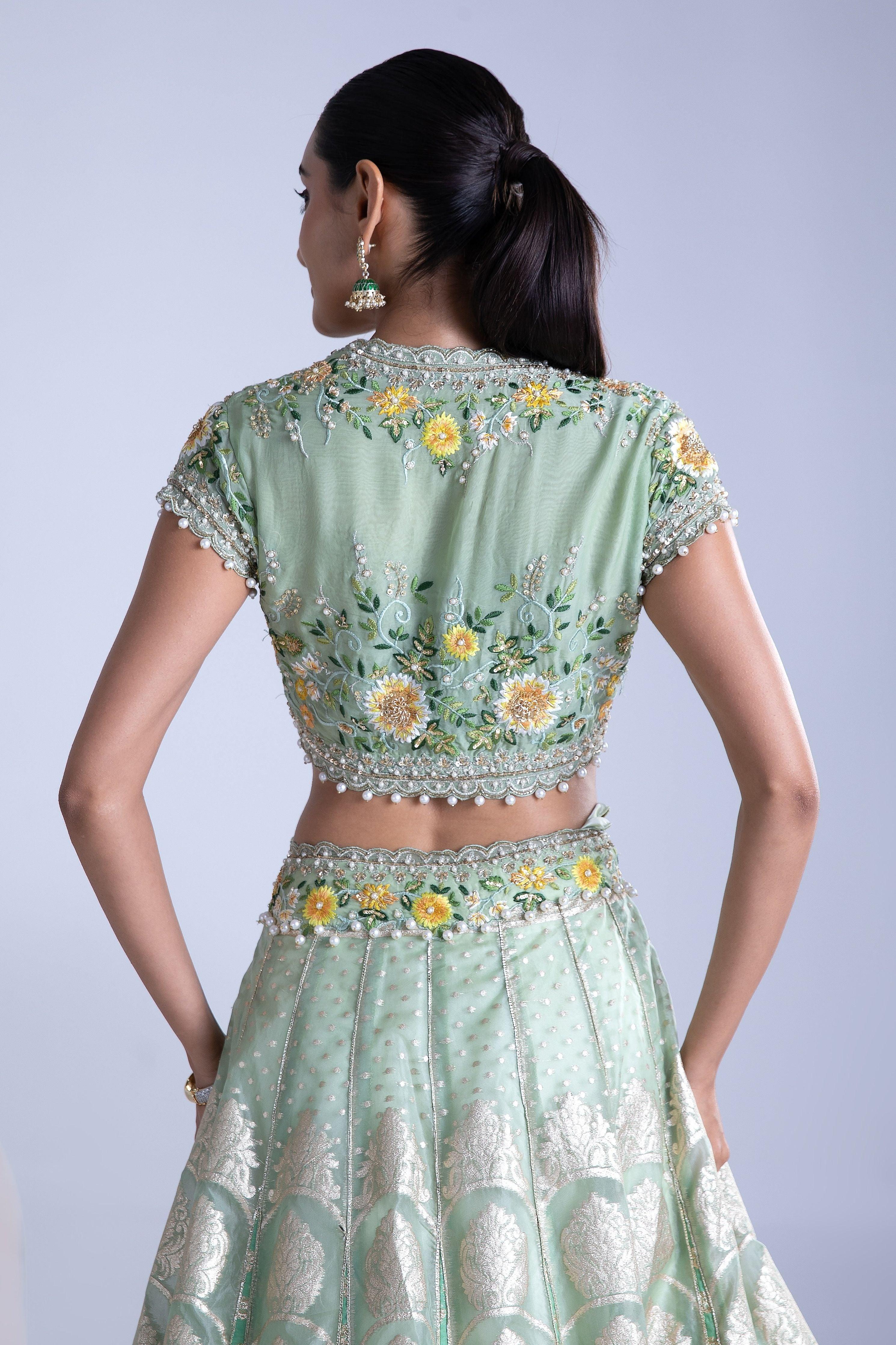 Green Banarasi Silk Lehenga Set - Mokshaa