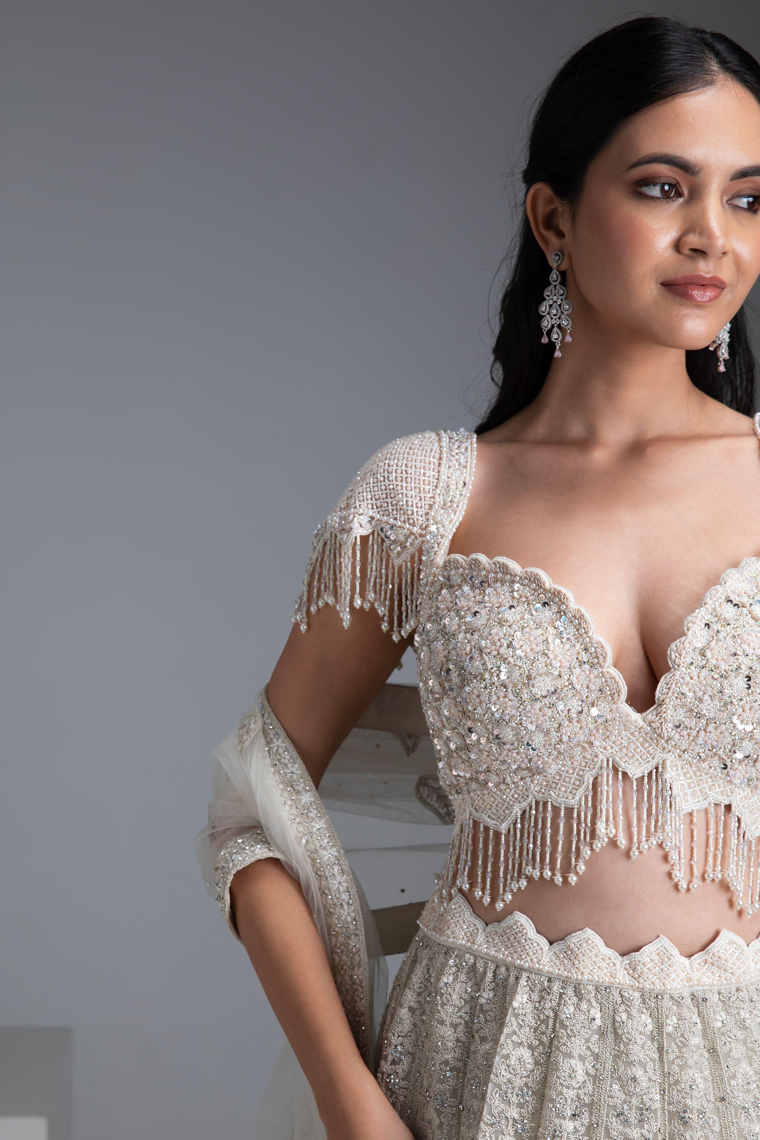 Ivory Embroidered Georgette Lehenga Set - Mokshaa