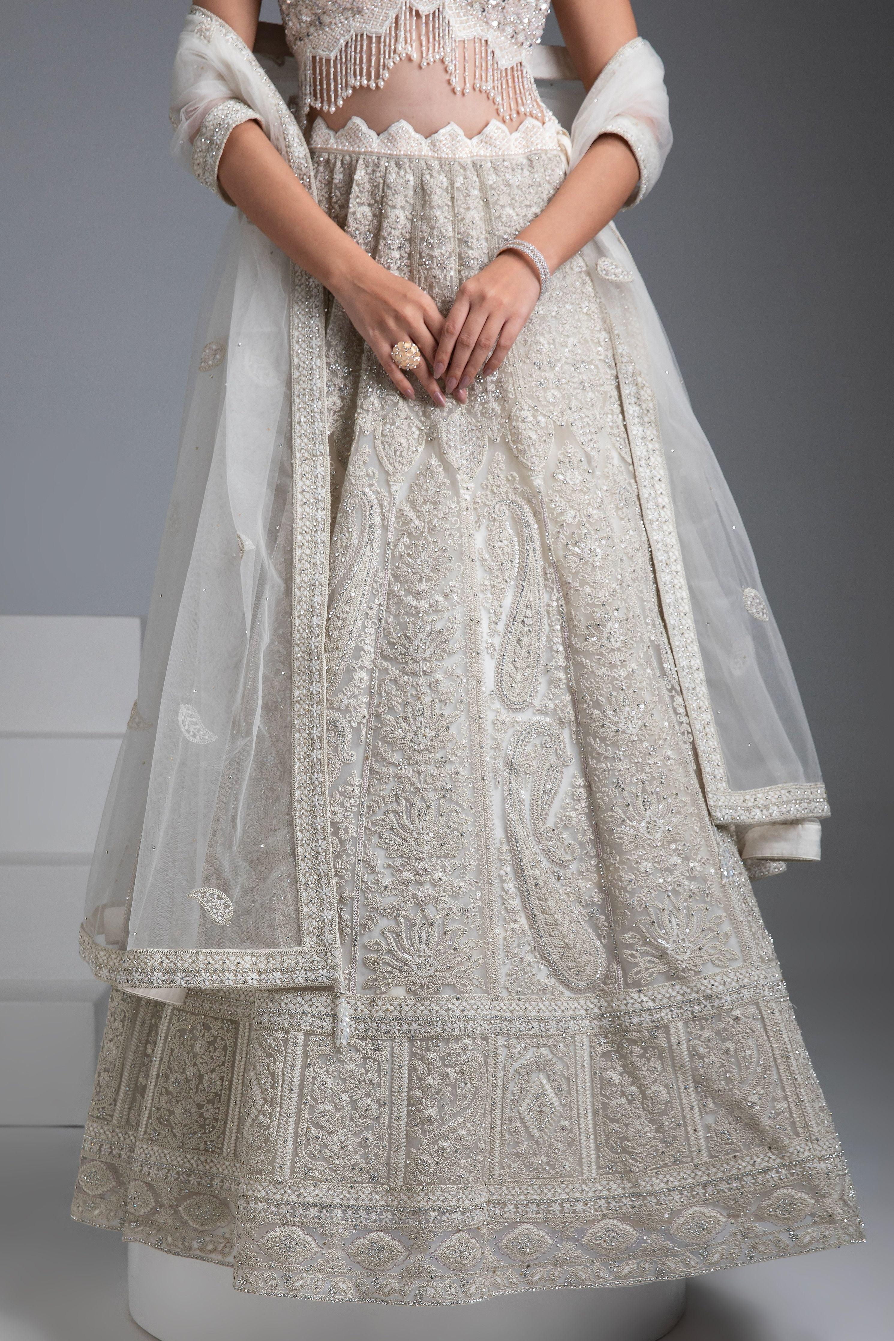 Ivory Embroidered Georgette Lehenga Set - Mokshaa