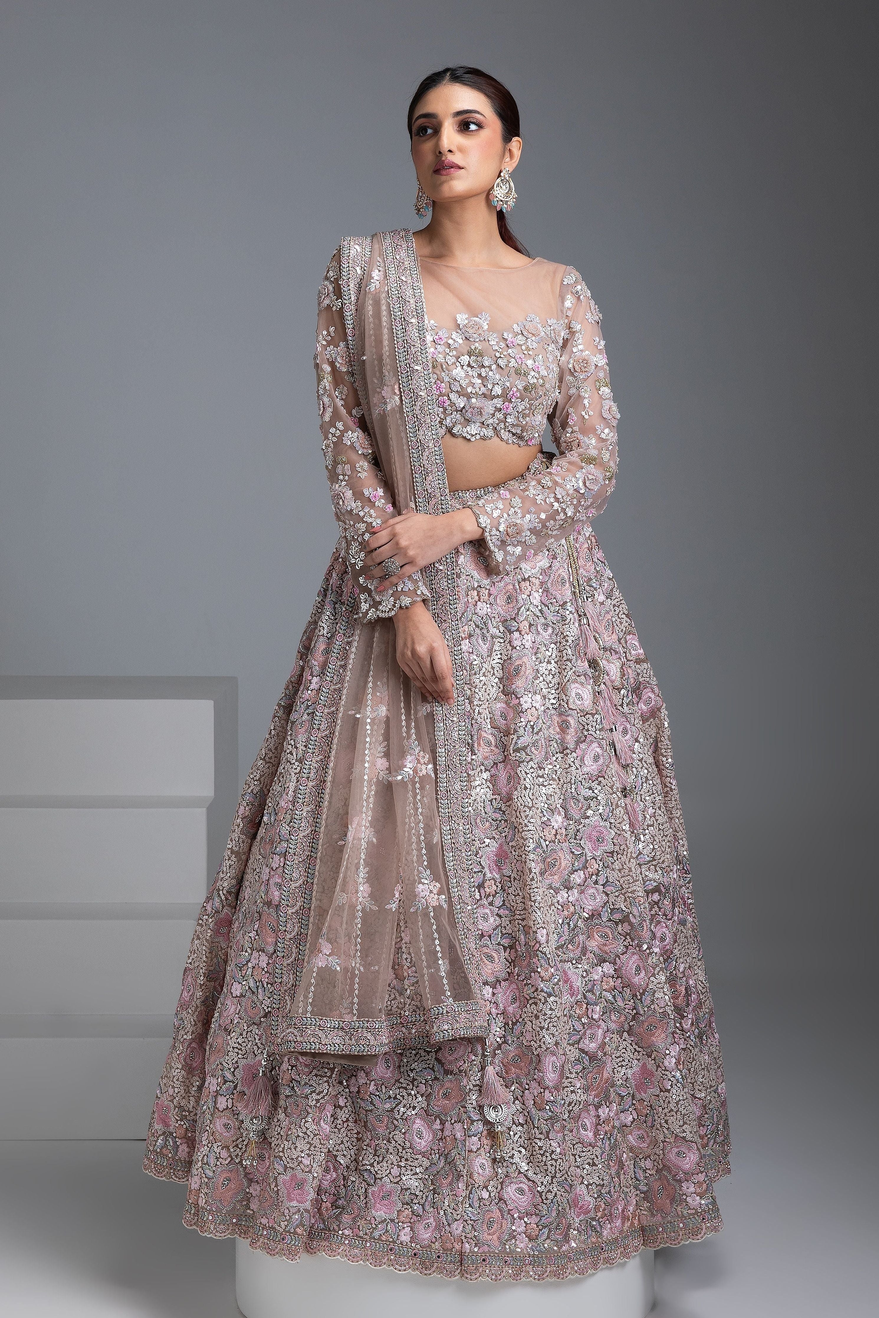 Beige Net Lehenga with Floral Embroidery and Sequin Detailing - Mokshaa