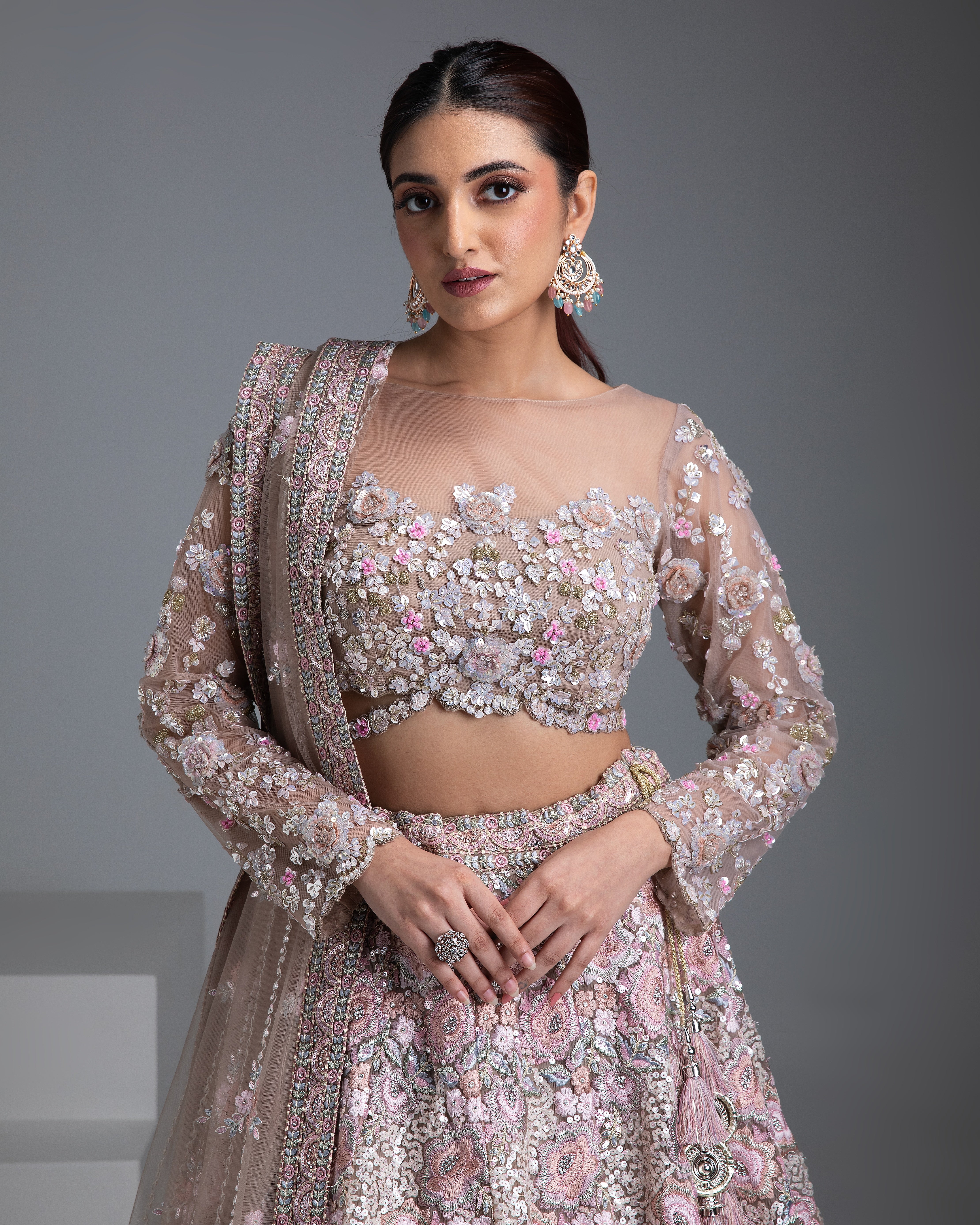 Beige Net Lehenga with Floral Embroidery and Sequin Detailing - Mokshaa