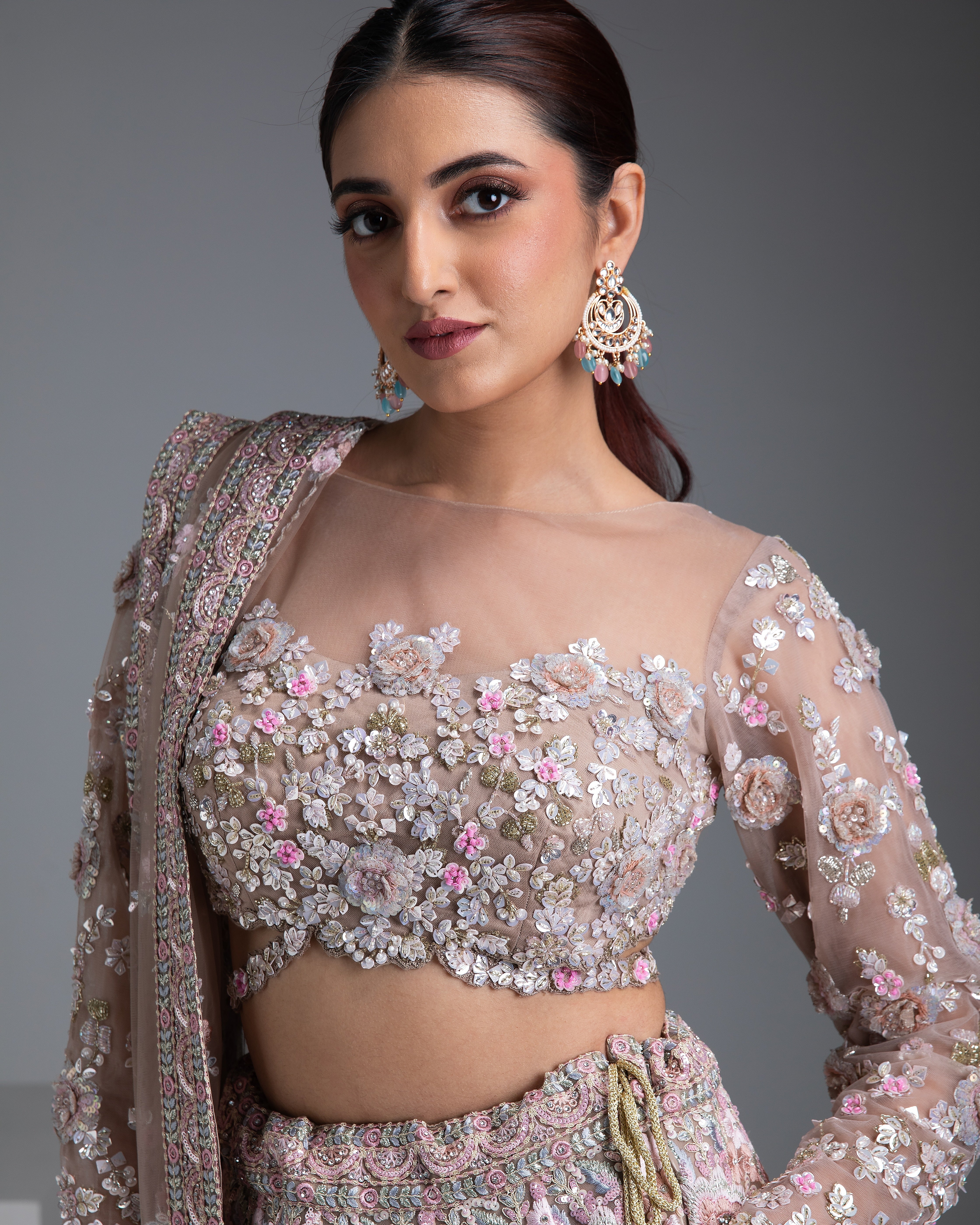 Beige Net Lehenga with Floral Embroidery and Sequin Detailing - Mokshaa