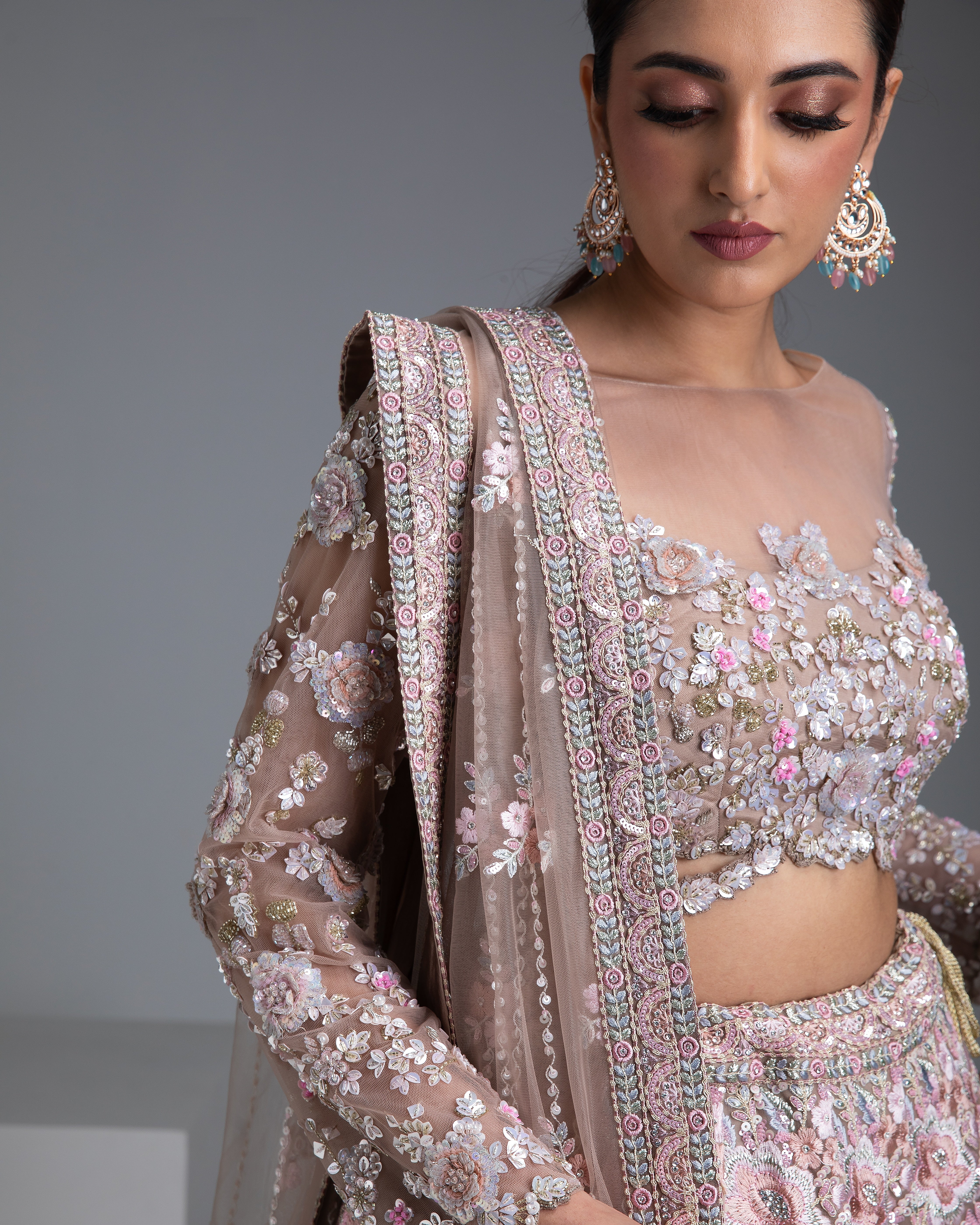 Beige Net Lehenga with Floral Embroidery and Sequin Detailing - Mokshaa