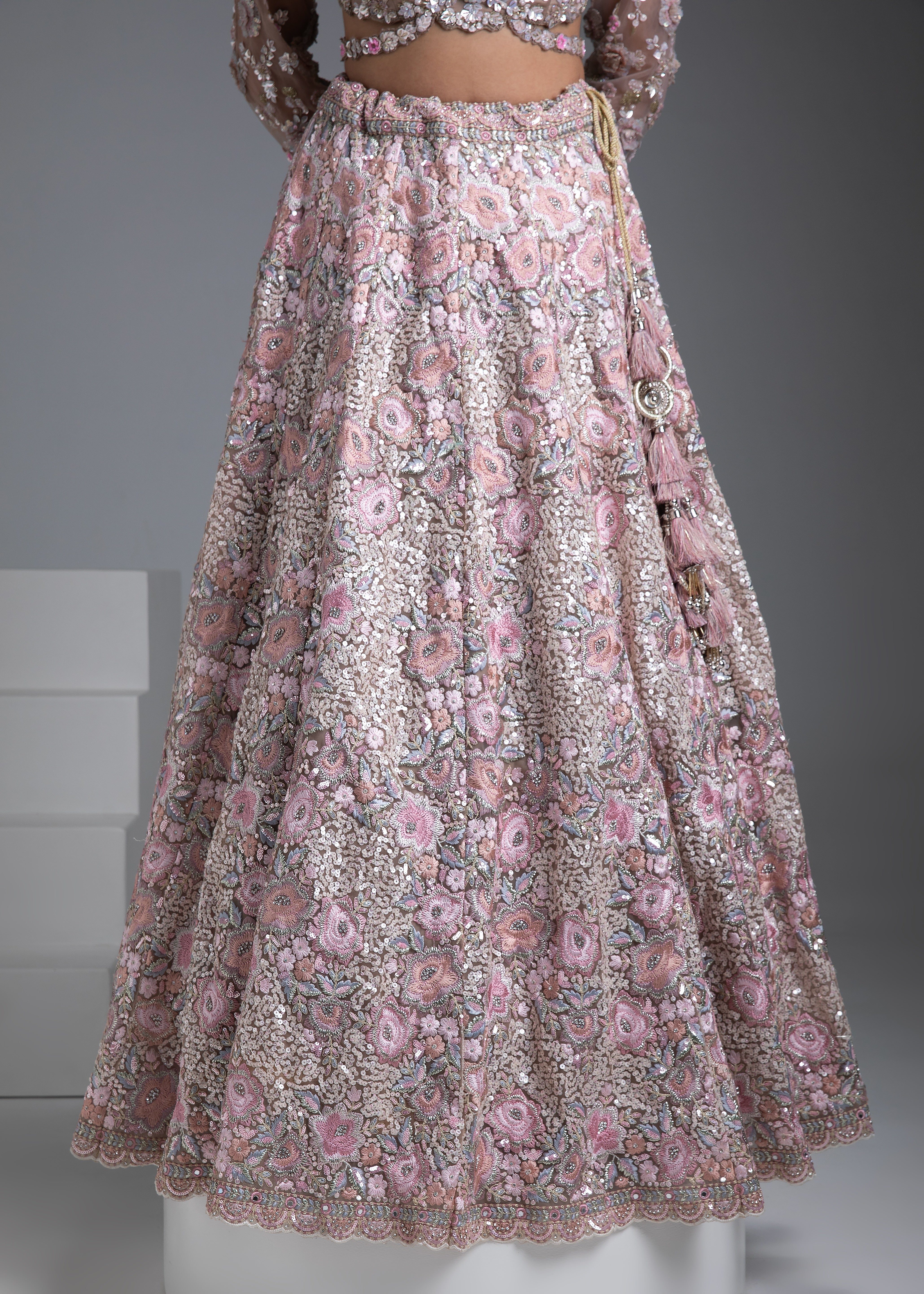 Beige Net Lehenga with Floral Embroidery and Sequin Detailing - Mokshaa