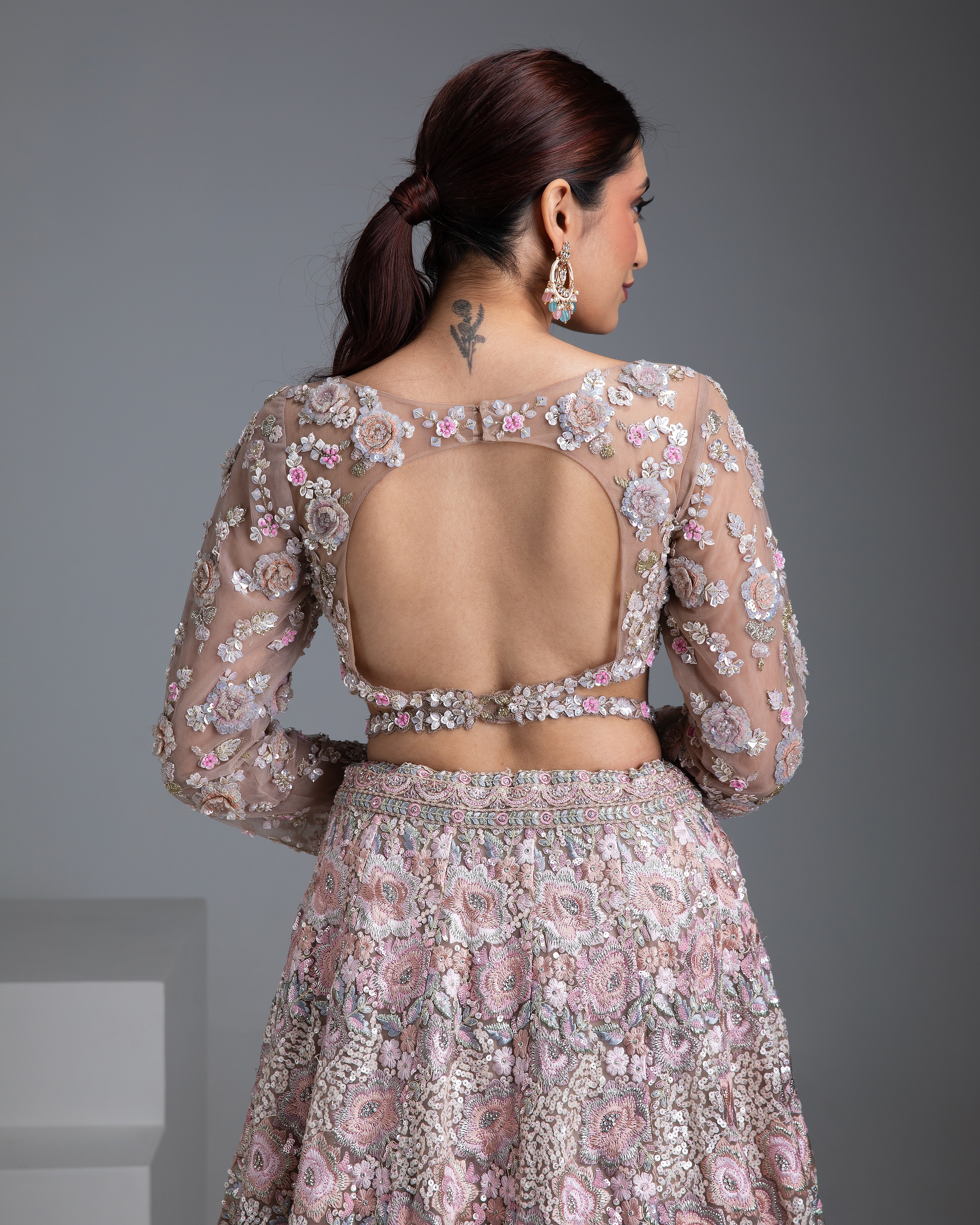 Beige Net Lehenga with Floral Embroidery and Sequin Detailing - Mokshaa