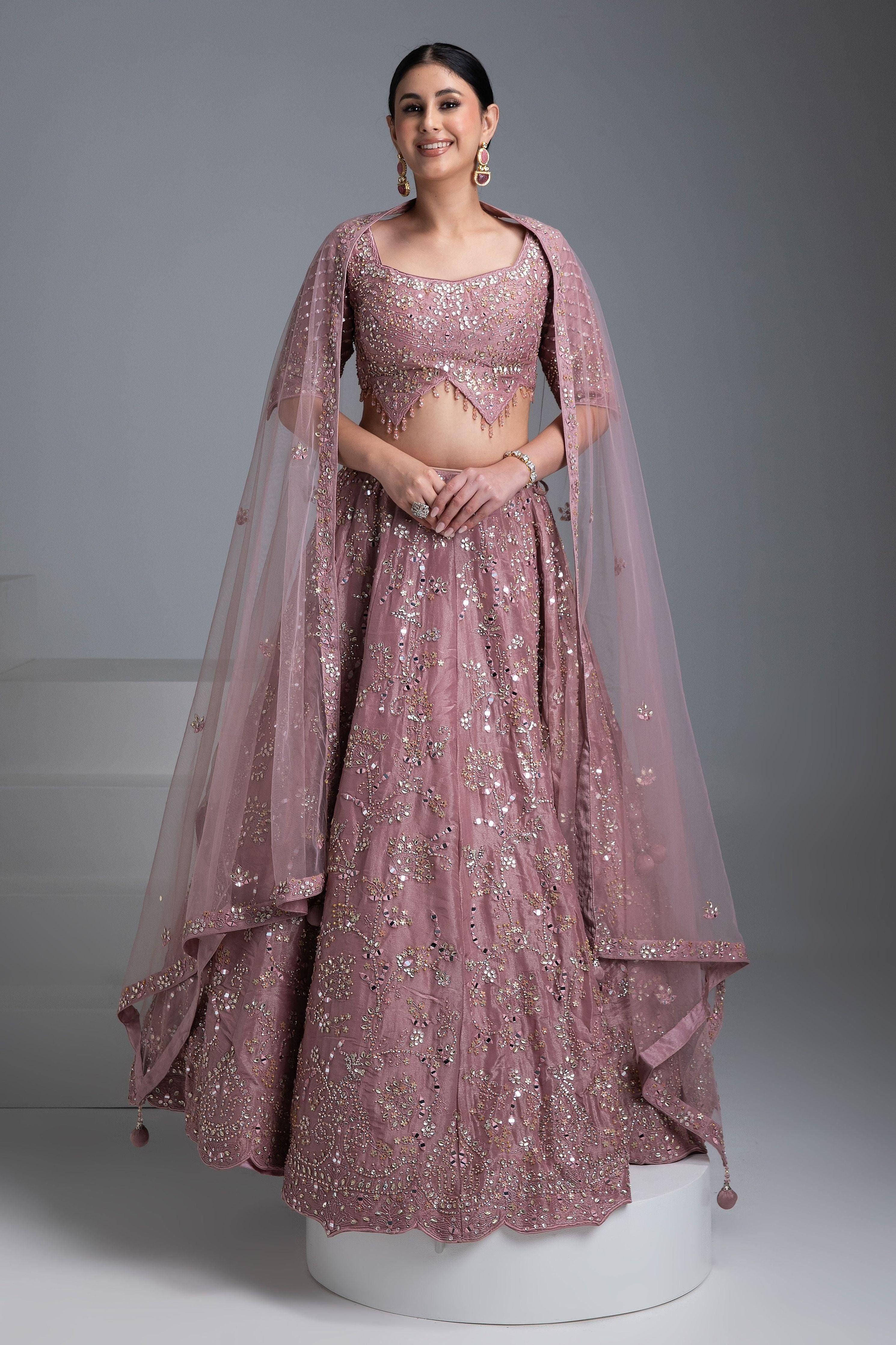 Dusty Rose Silk Lehenga with Mirror Detailing and Floral Embroidery - Mokshaa