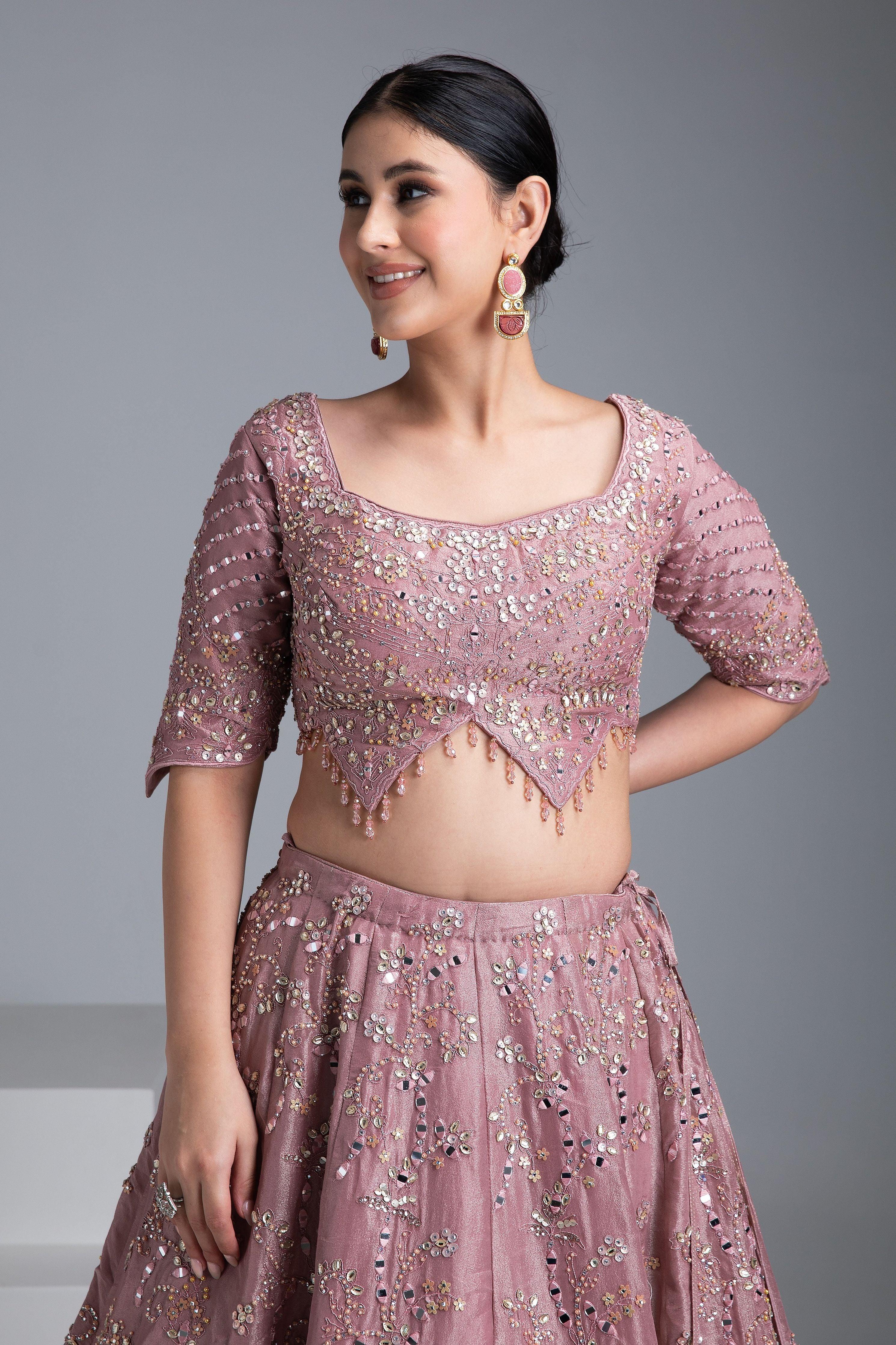 Dusty Rose Silk Lehenga with Mirror Detailing and Floral Embroidery - Mokshaa
