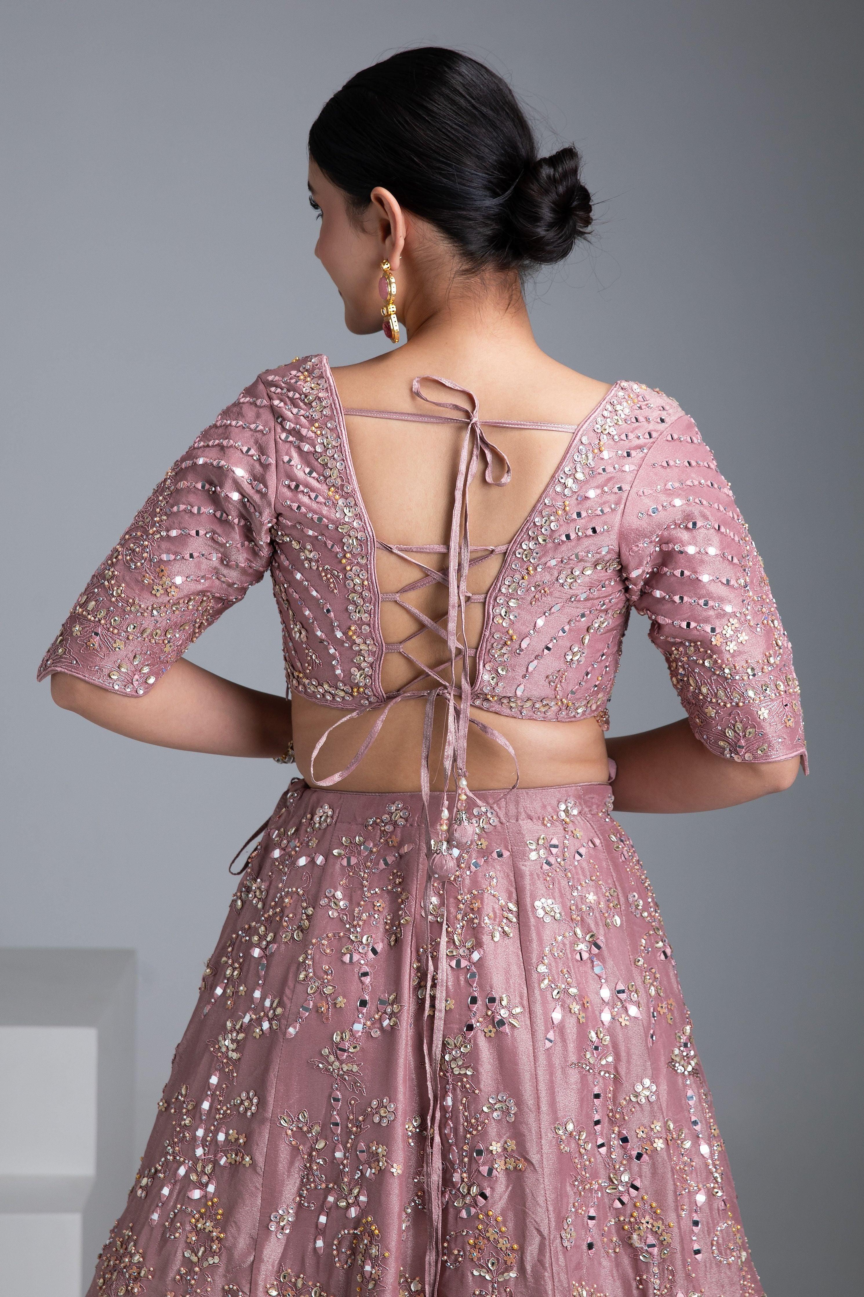 Dusty Rose Silk Lehenga with Mirror Detailing and Floral Embroidery - Mokshaa