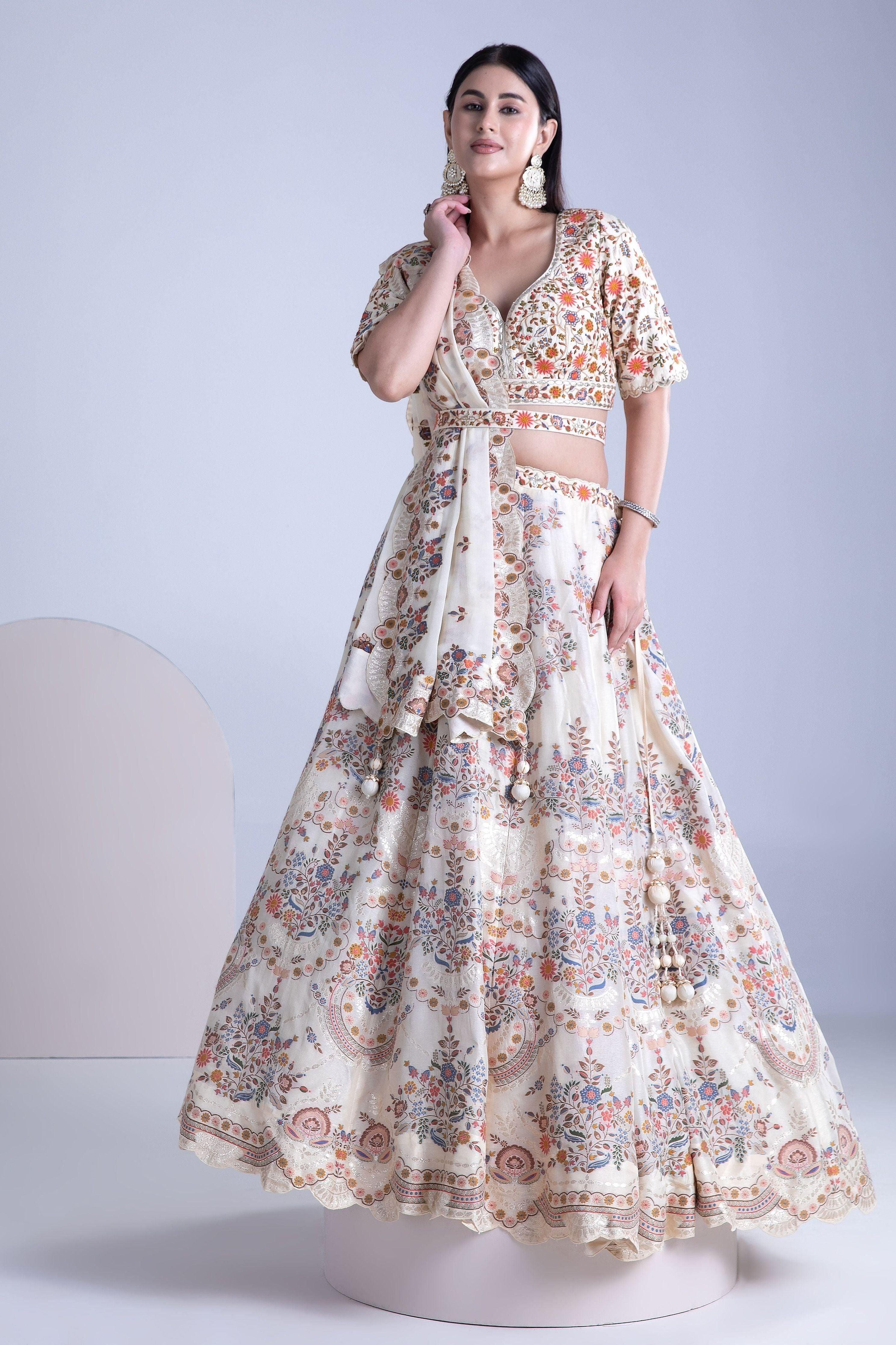 Beige Banarasi Silk Lehenga Set - Mokshaa