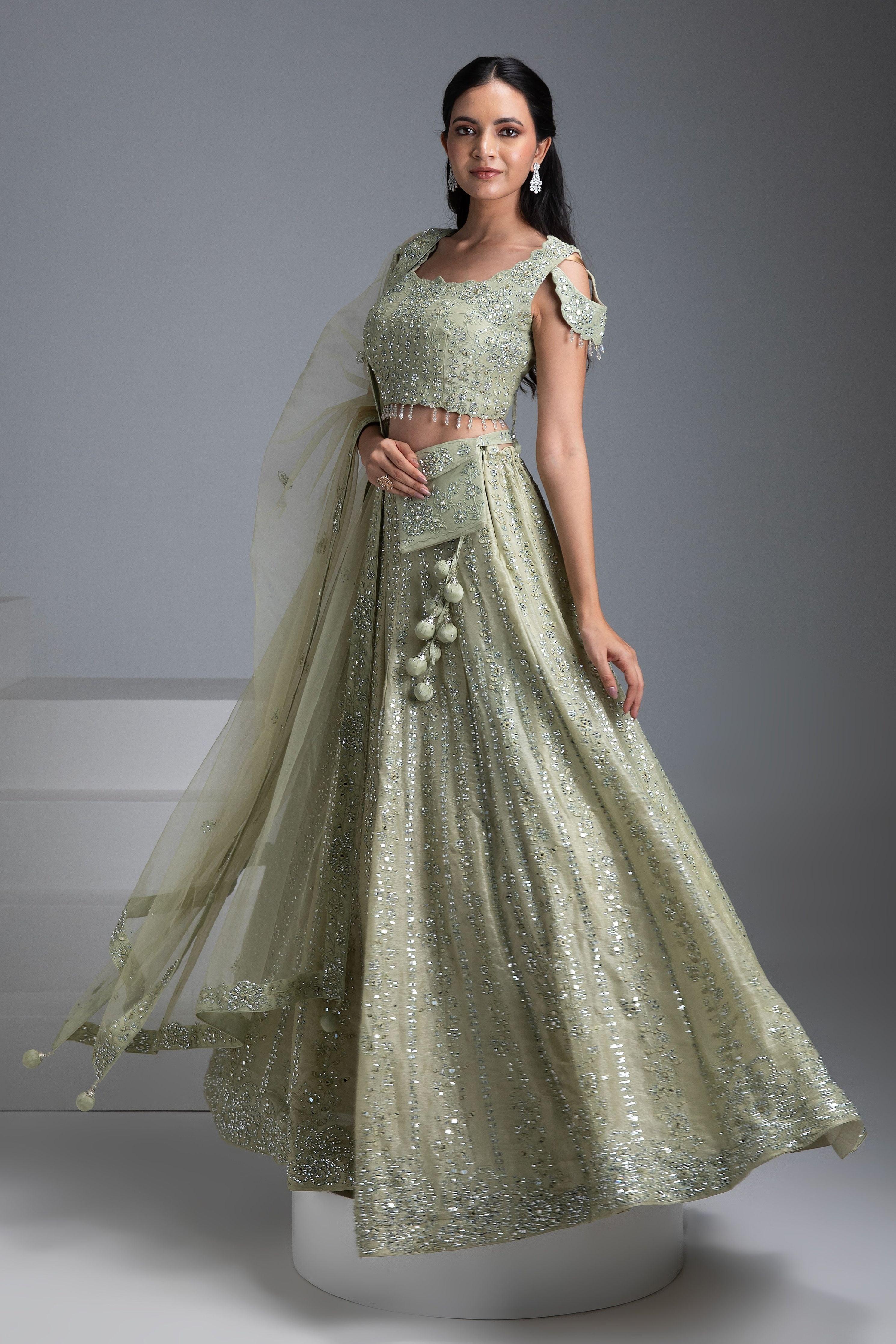 Pastel Green Tissue Silk Lehenga with Mirror Embroidery - Mokshaa