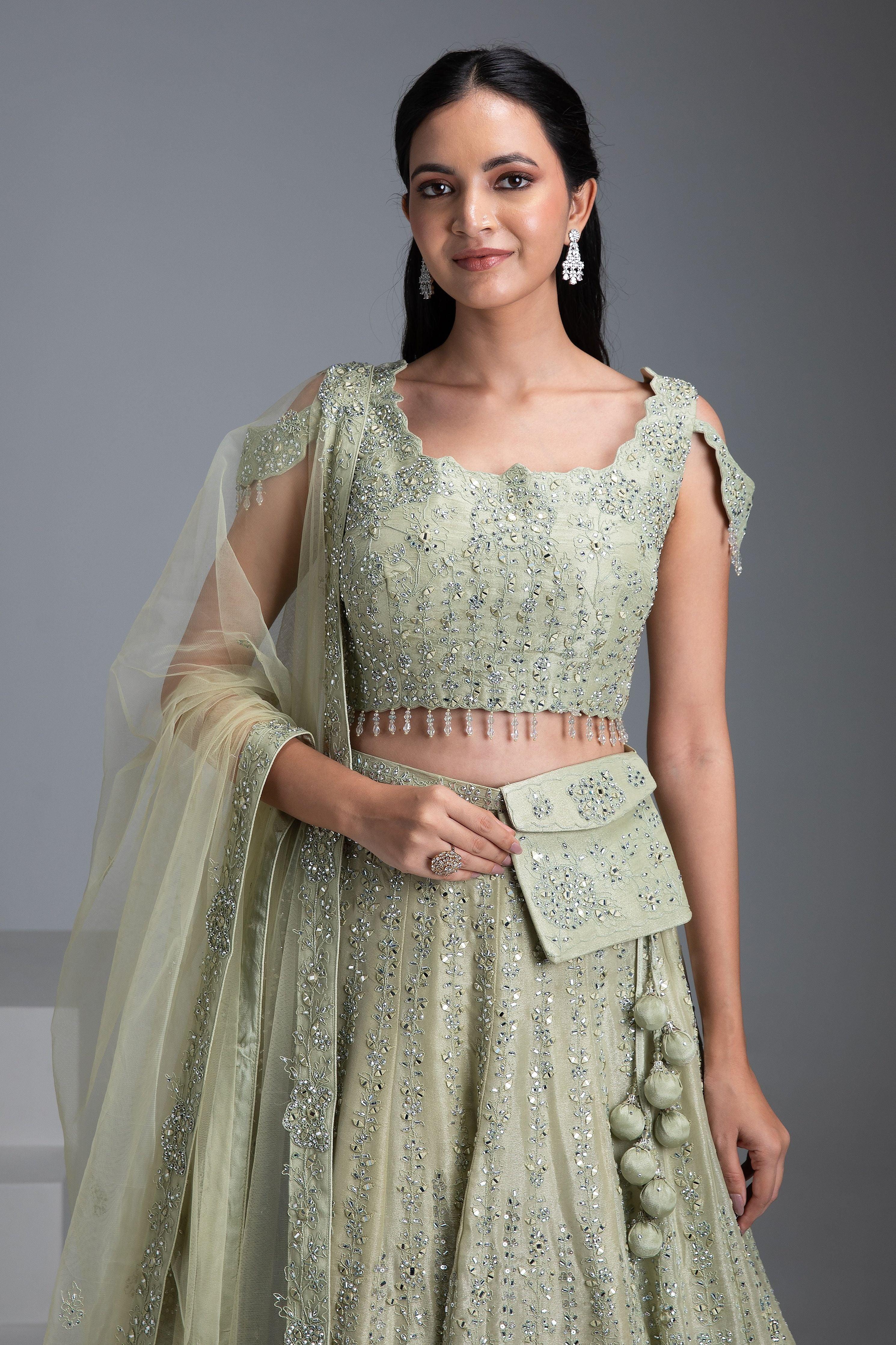 Pastel Green Tissue Silk Lehenga with Mirror Embroidery - Mokshaa