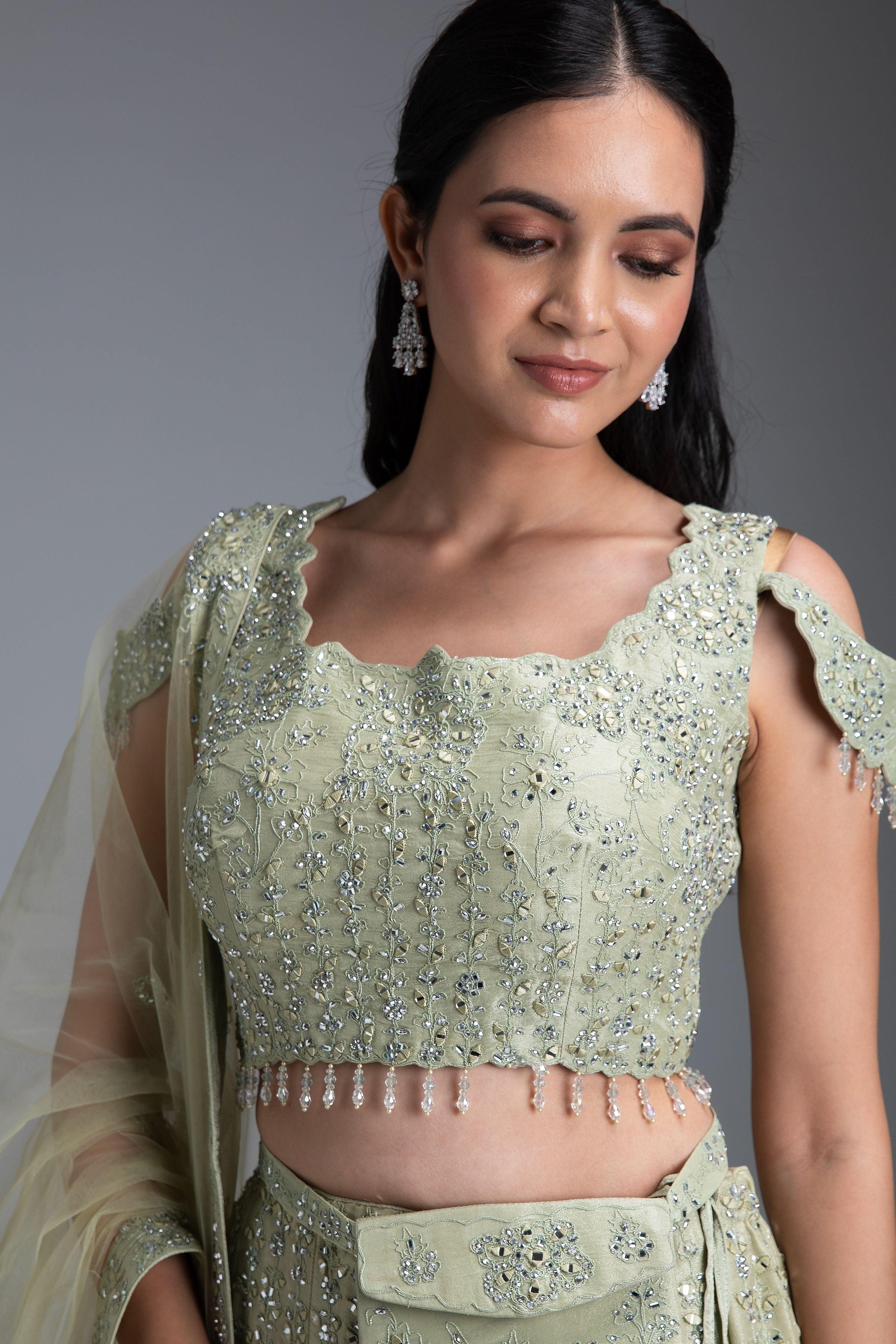 Pastel Green Tissue Silk Lehenga with Mirror Embroidery - Mokshaa
