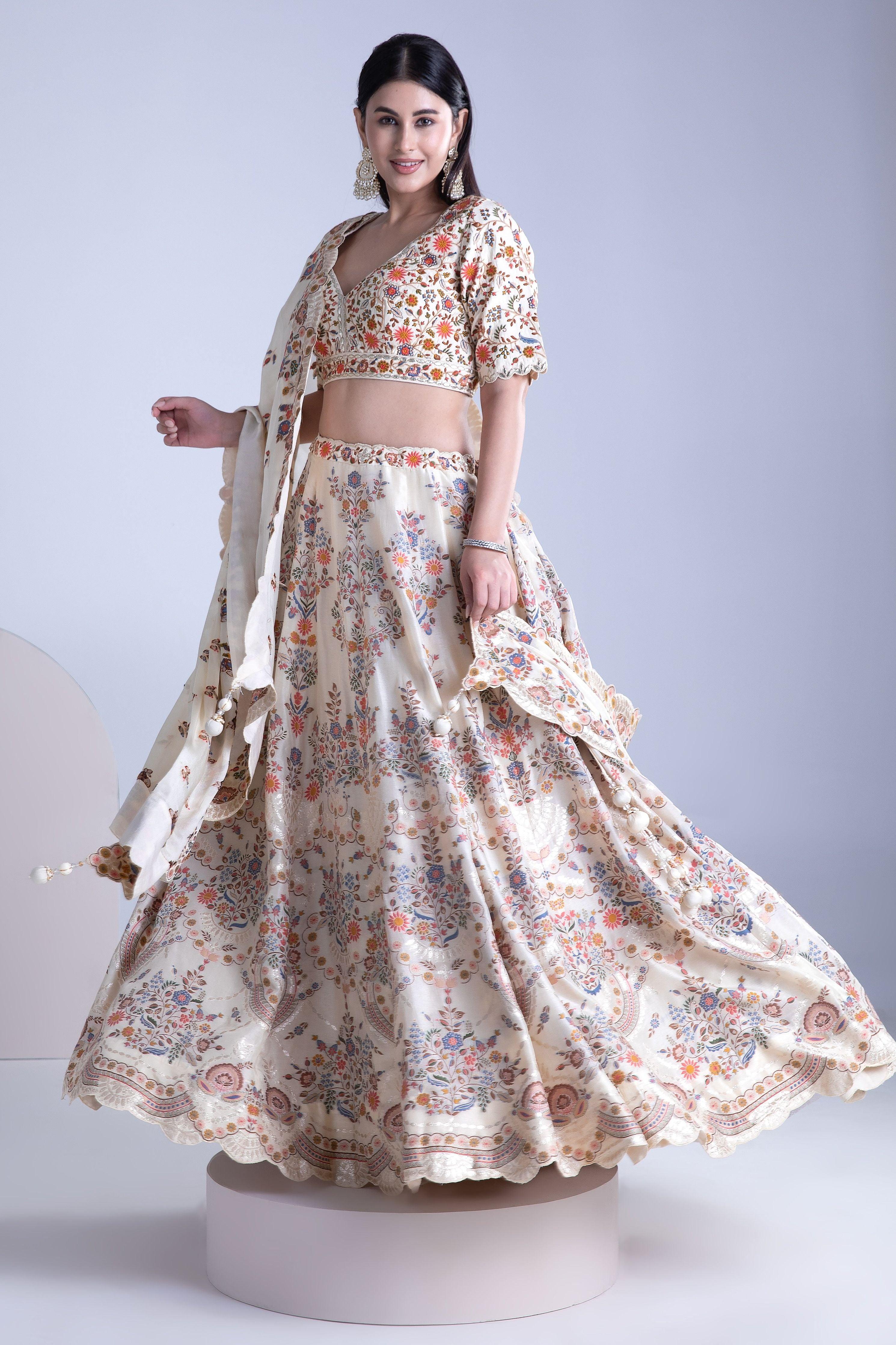 Beige Banarasi Silk Lehenga Set - Mokshaa
