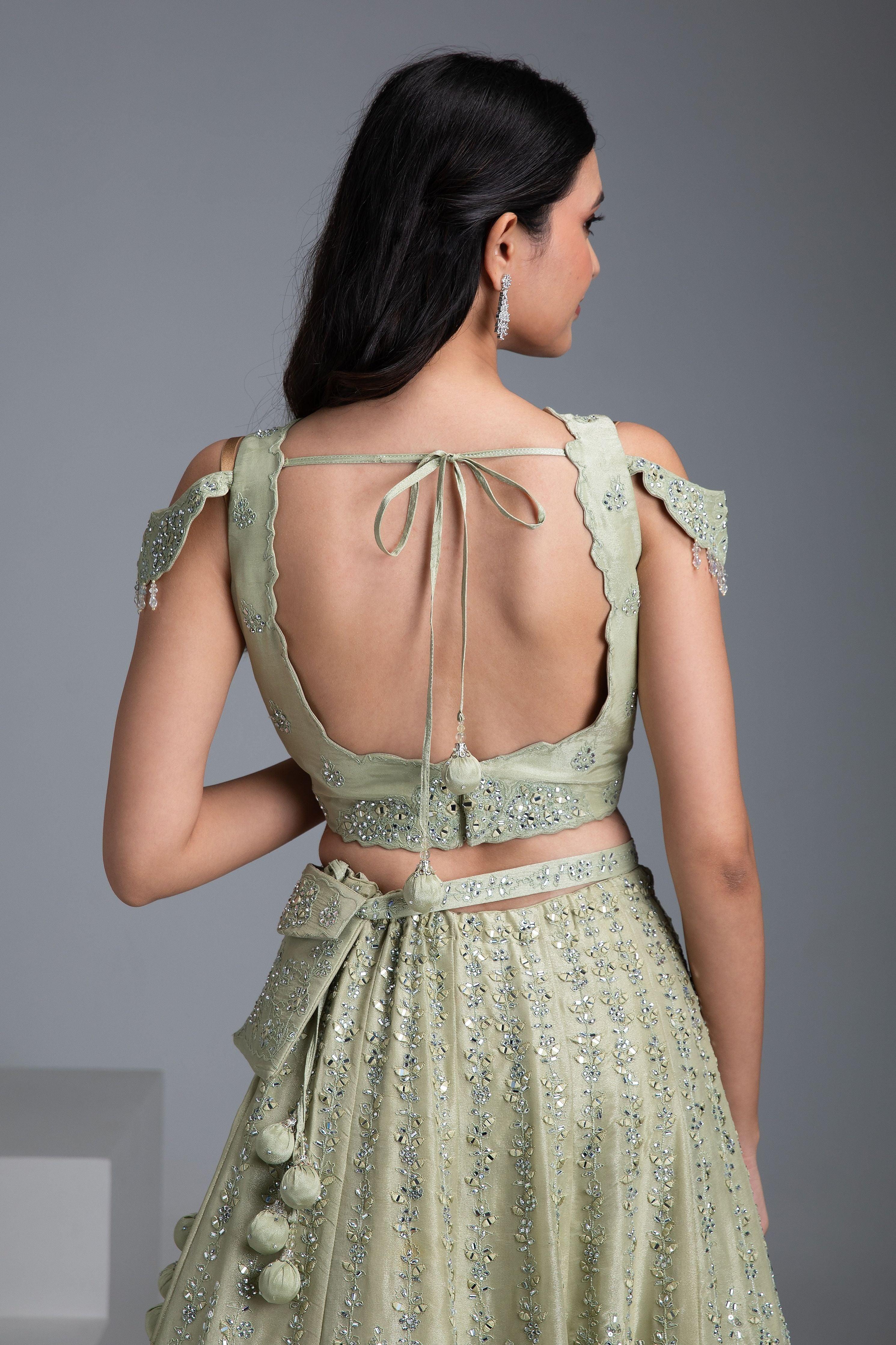 Pastel Green Tissue Silk Lehenga with Mirror Embroidery - Mokshaa