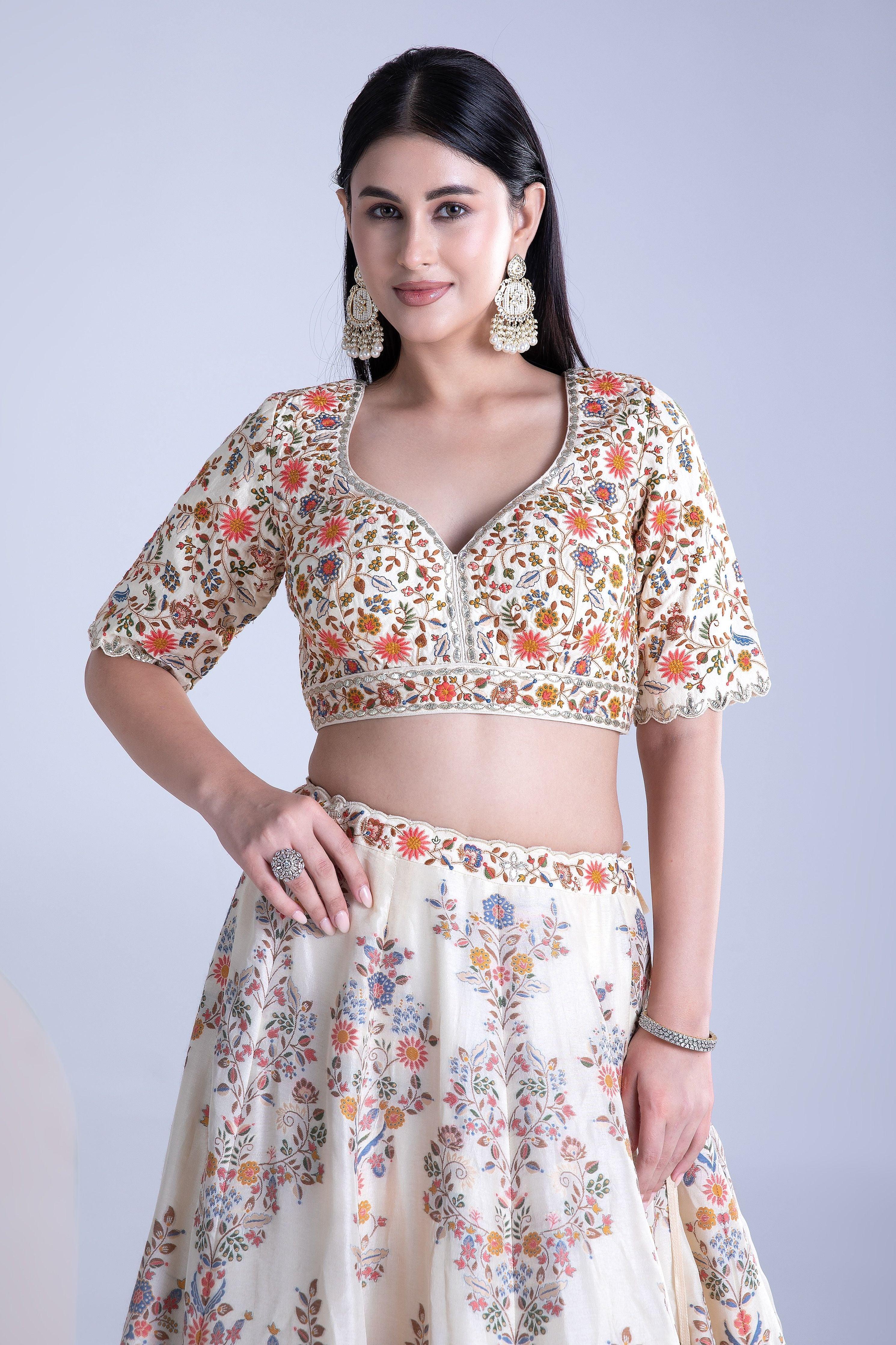 Beige Banarasi Silk Lehenga Set - Mokshaa