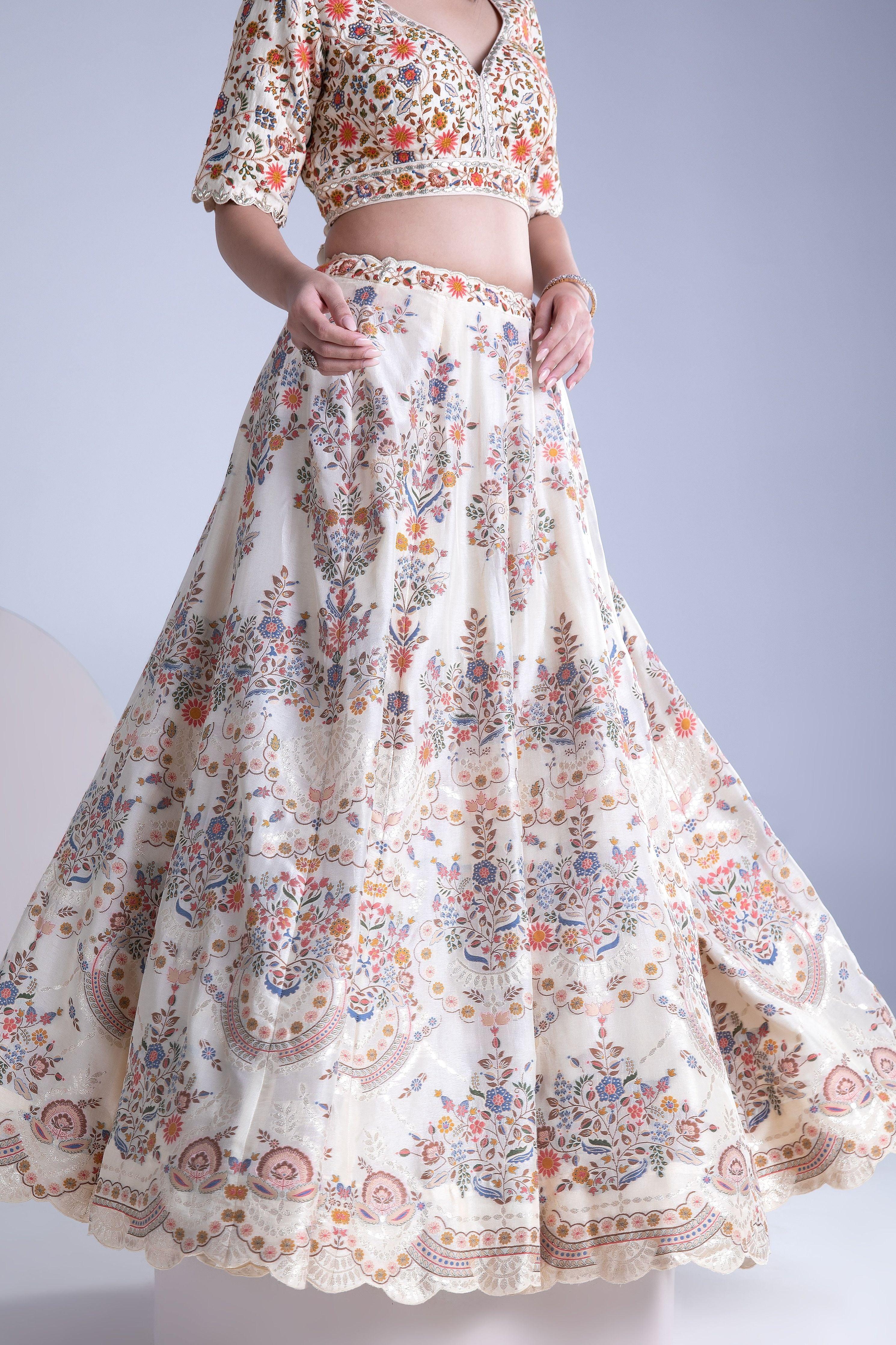 Beige Banarasi Silk Lehenga Set - Mokshaa