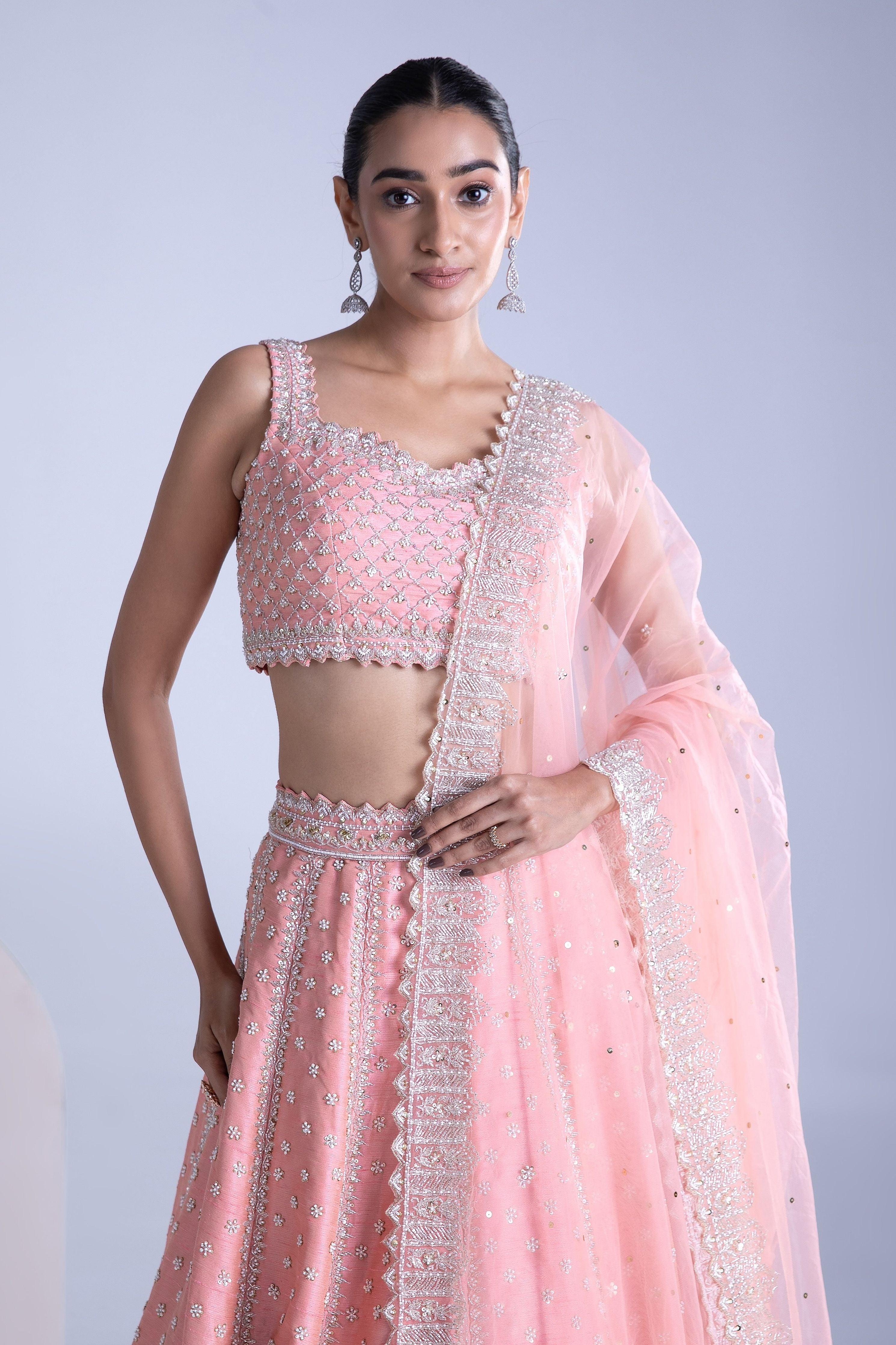 Peach Raw Silk Lehenga Set - Mokshaa