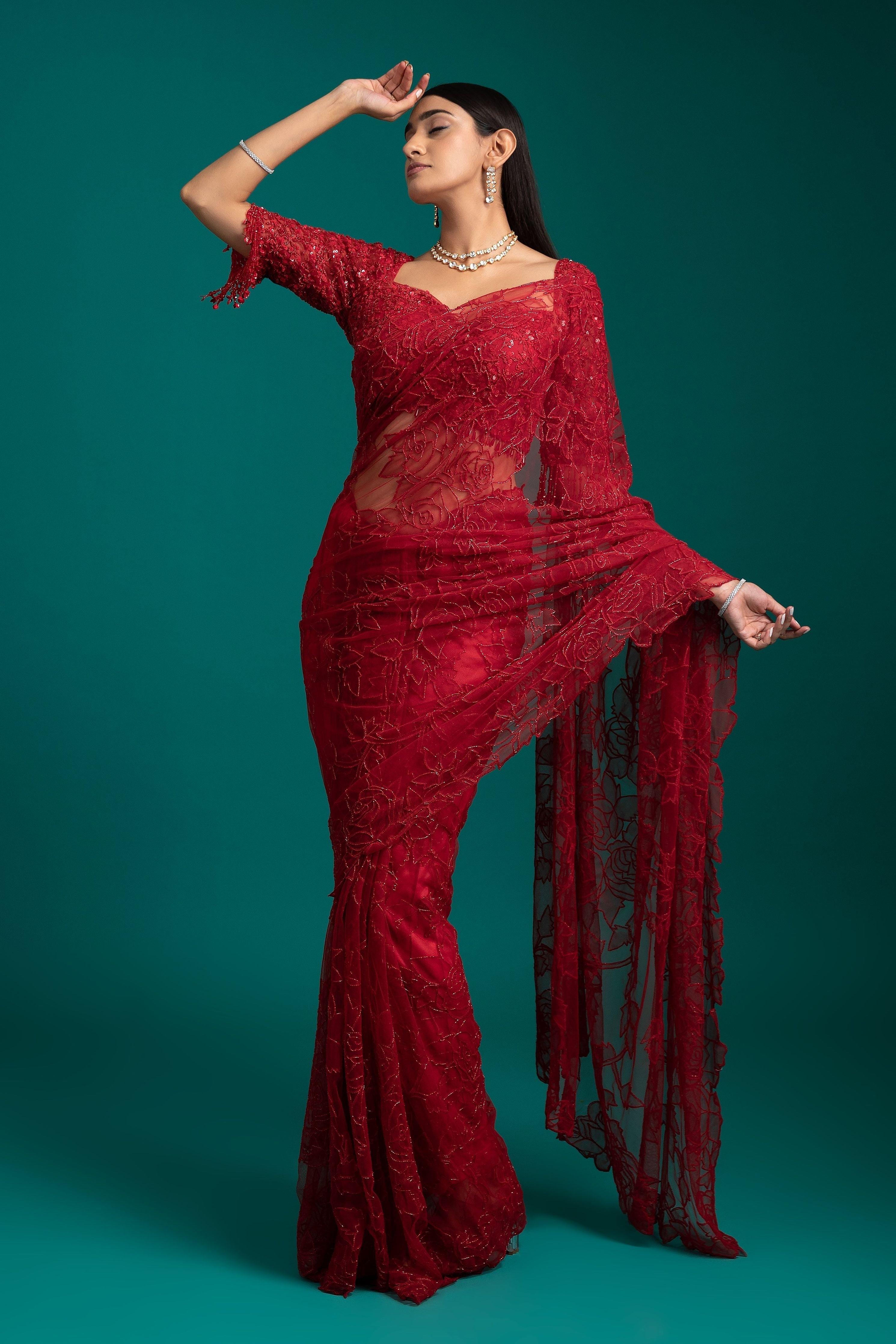 Red Net Saree Mokshaa