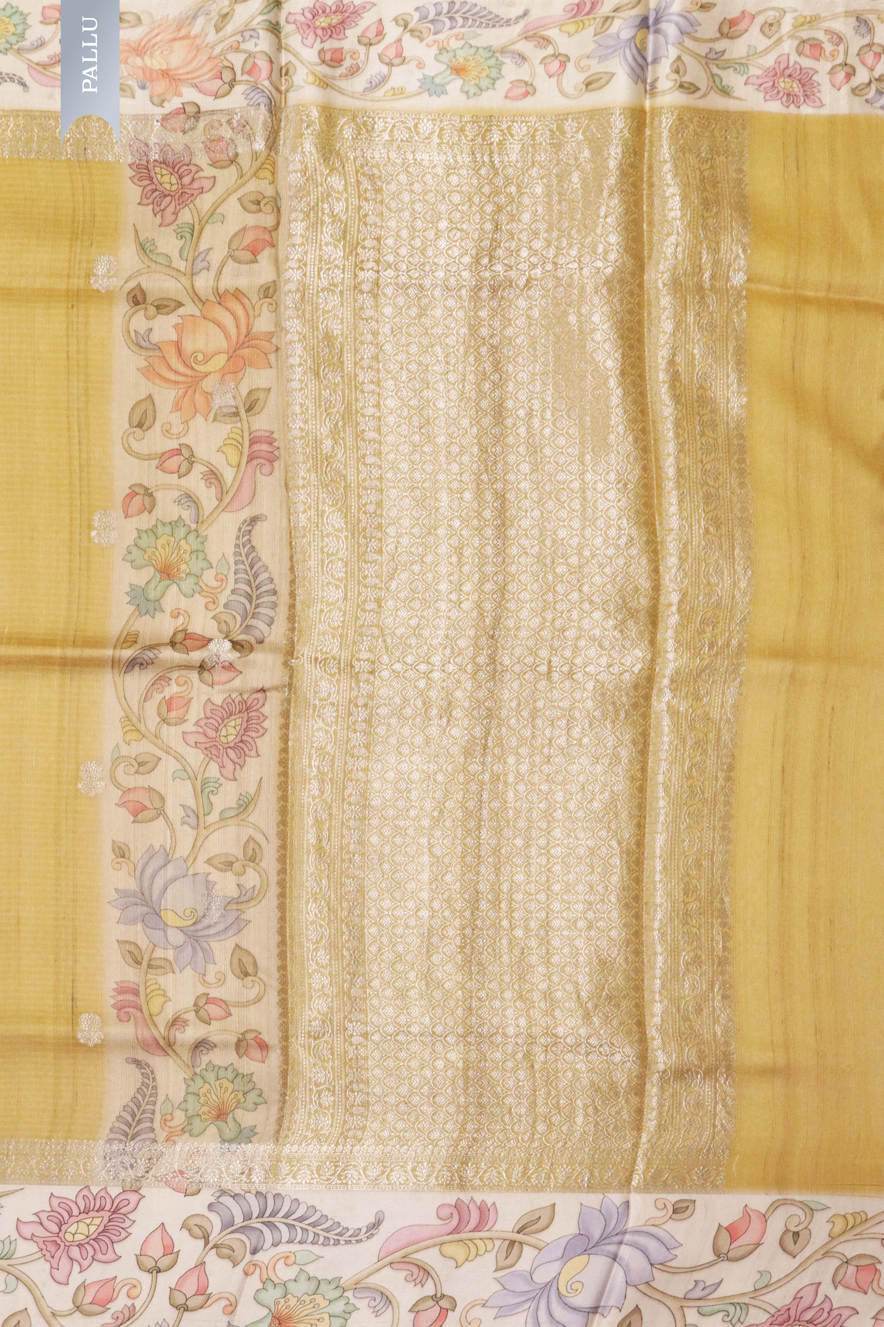 Banaras Tussar Silk Saree in Golden with Zari Motifs & Kalamkari Border - Mokshaa