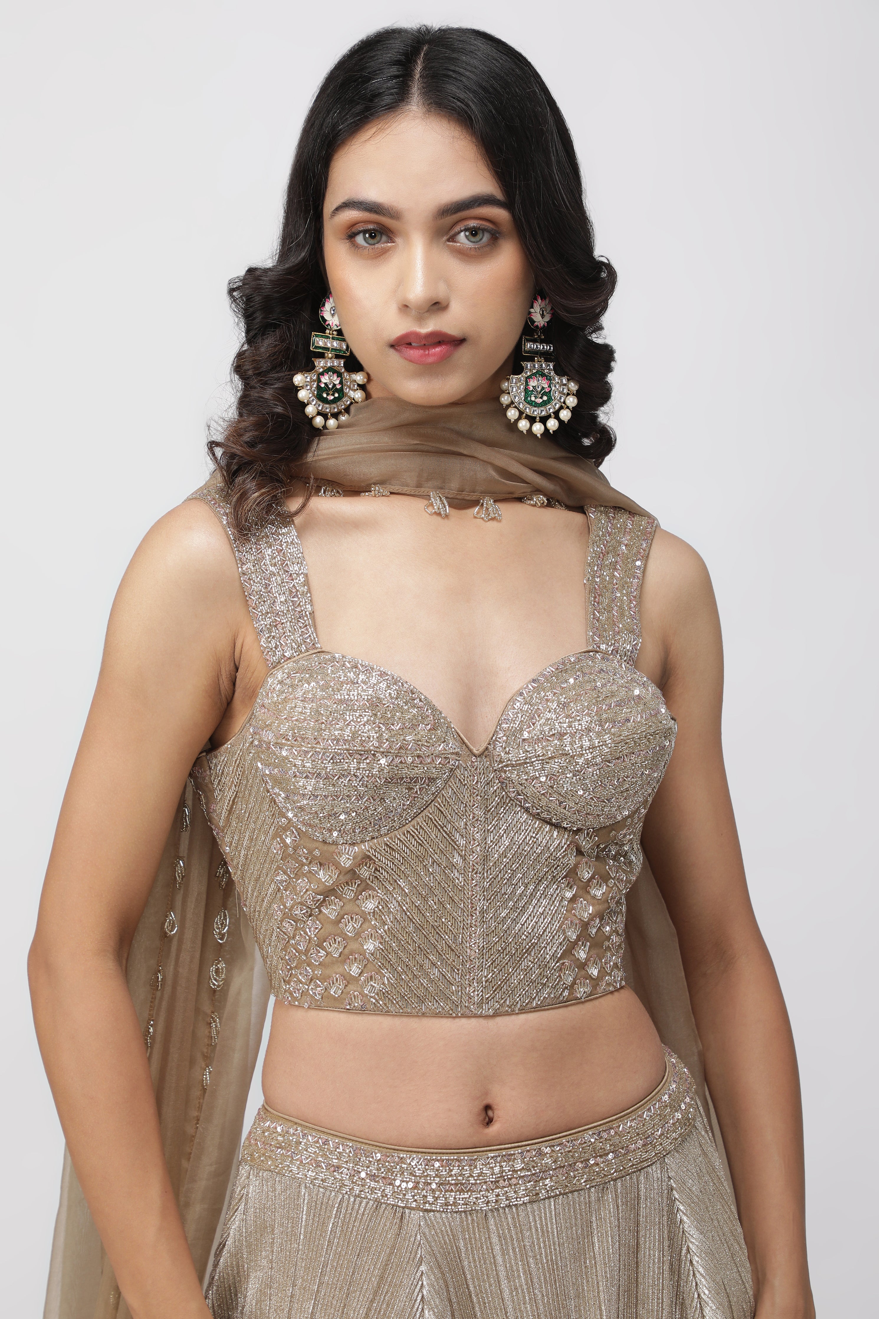 Dark Gold Crush Lehenga with Corset Blouse