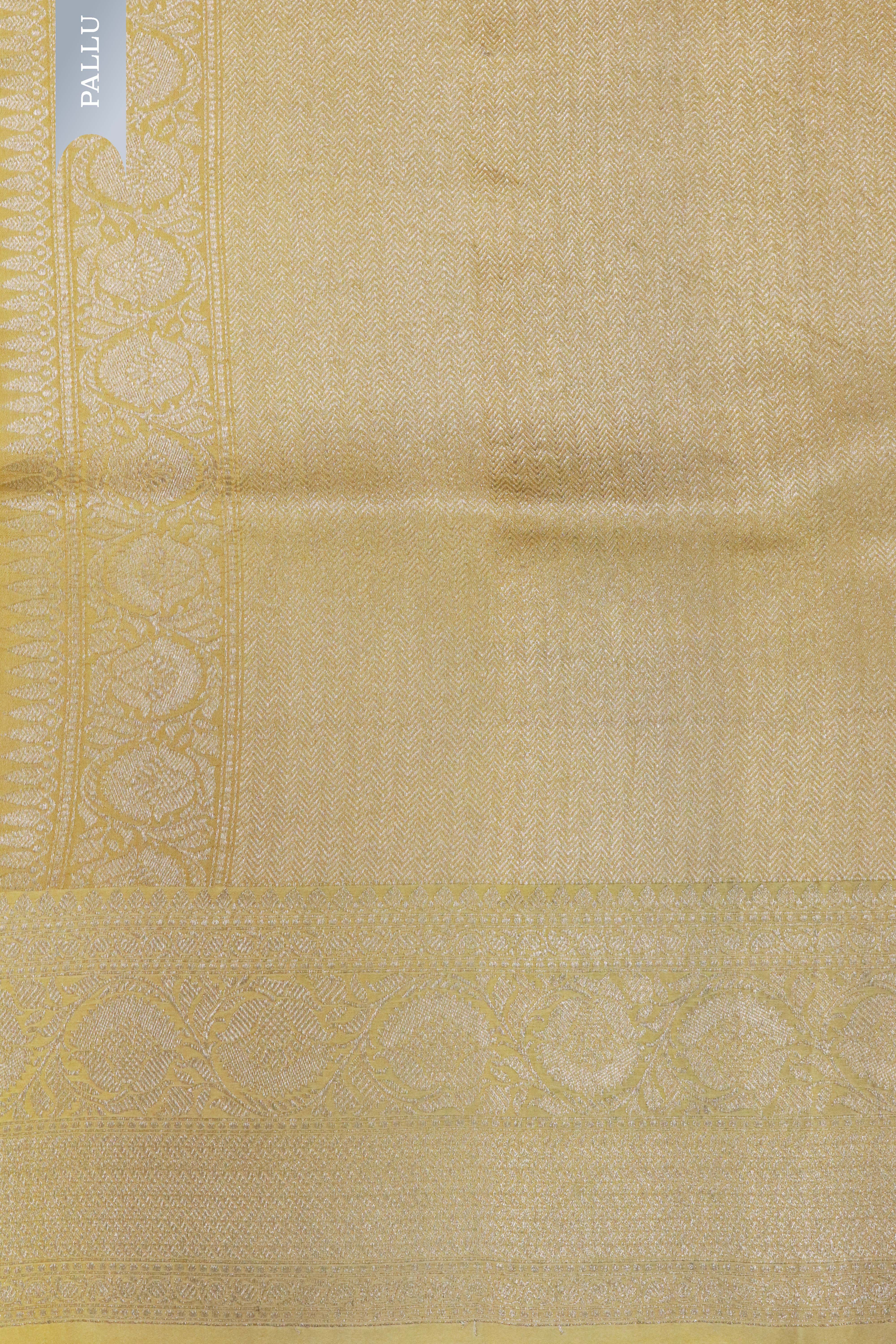 Tussar Silk Saree in Mustard Yellow with Floral Print & Zari Border