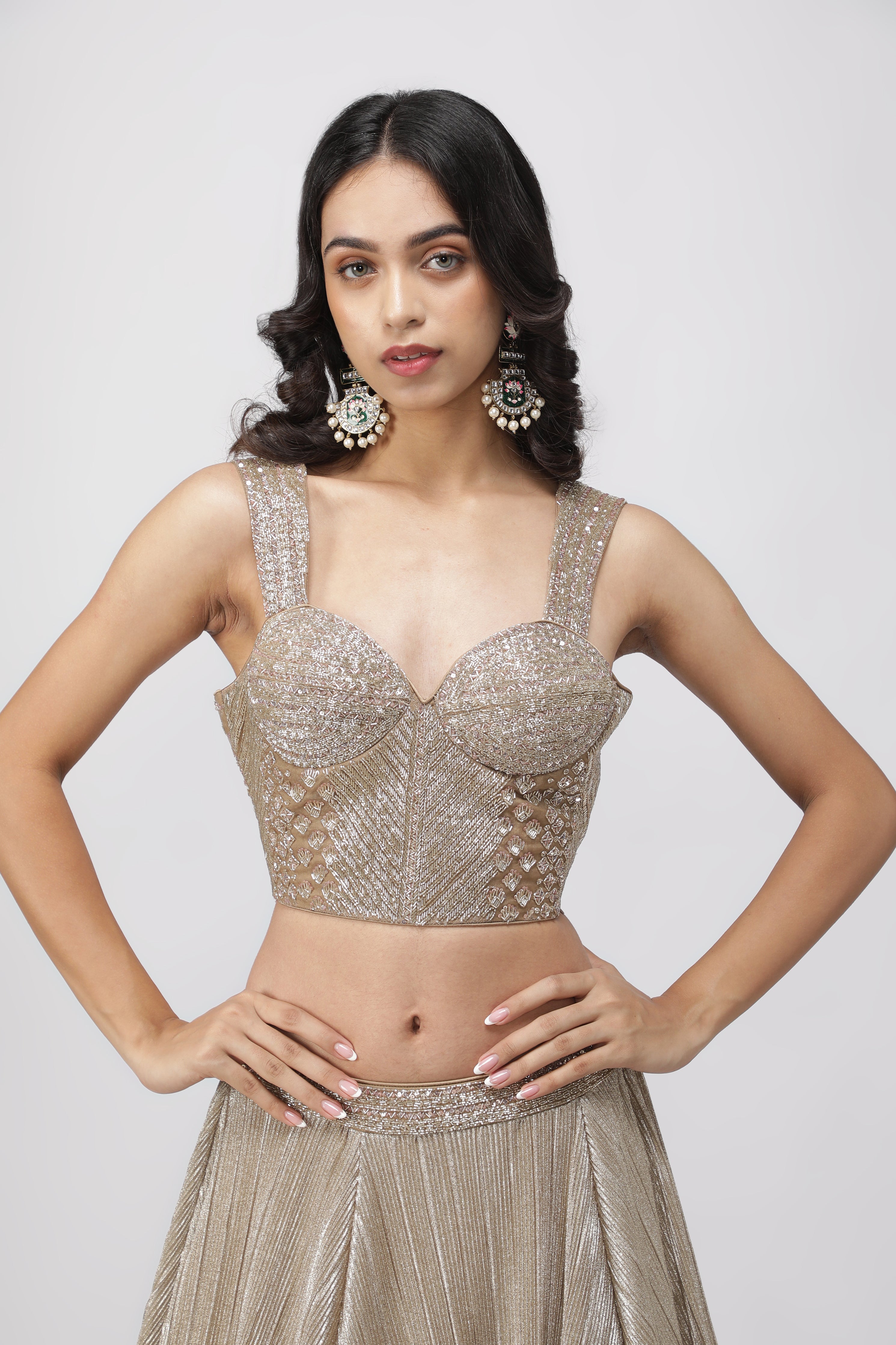 Dark Gold Crush Lehenga with Corset Blouse