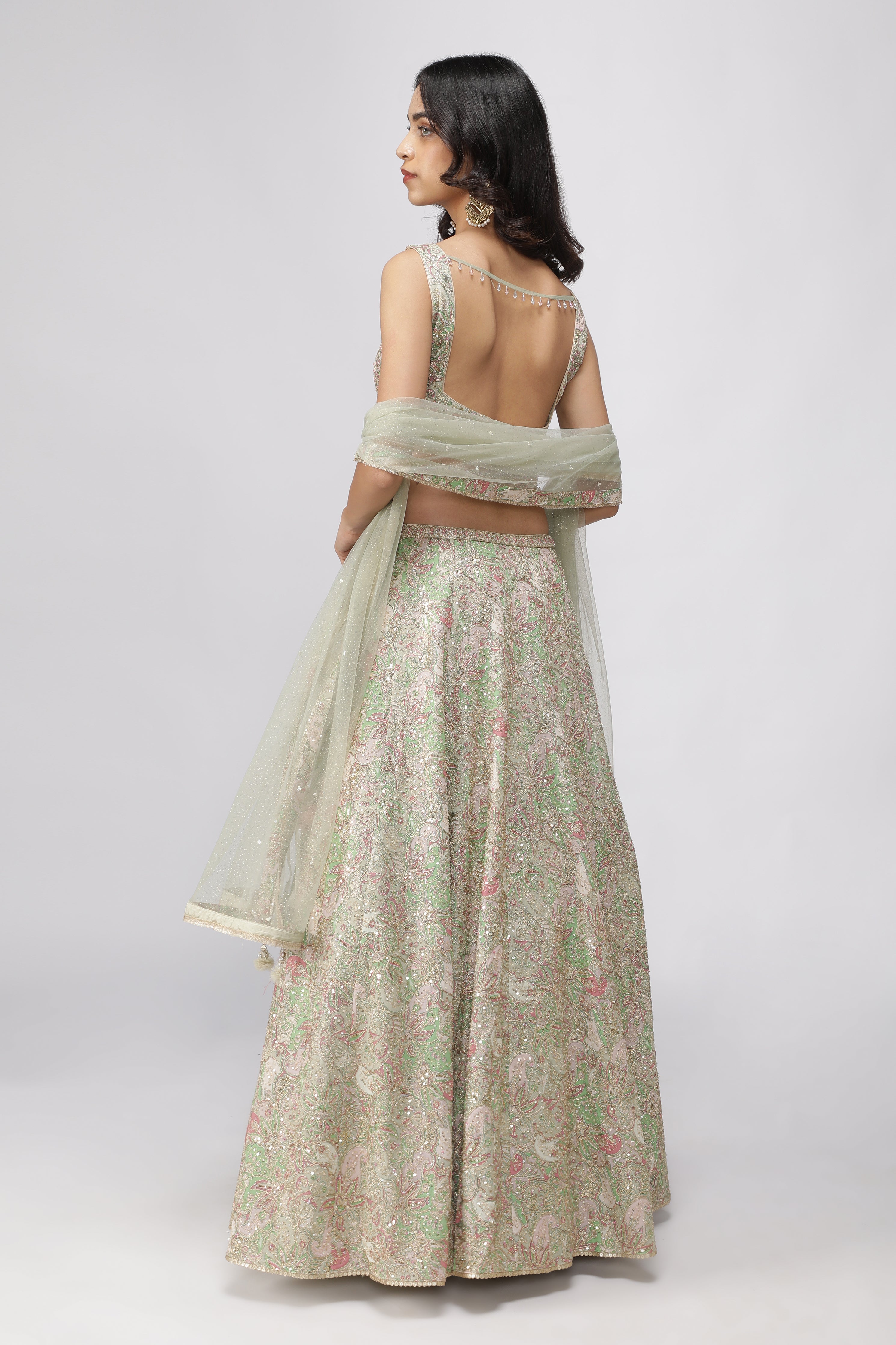 Pastel Green Printed Georgette Lehenga Set with Embellished Blouse