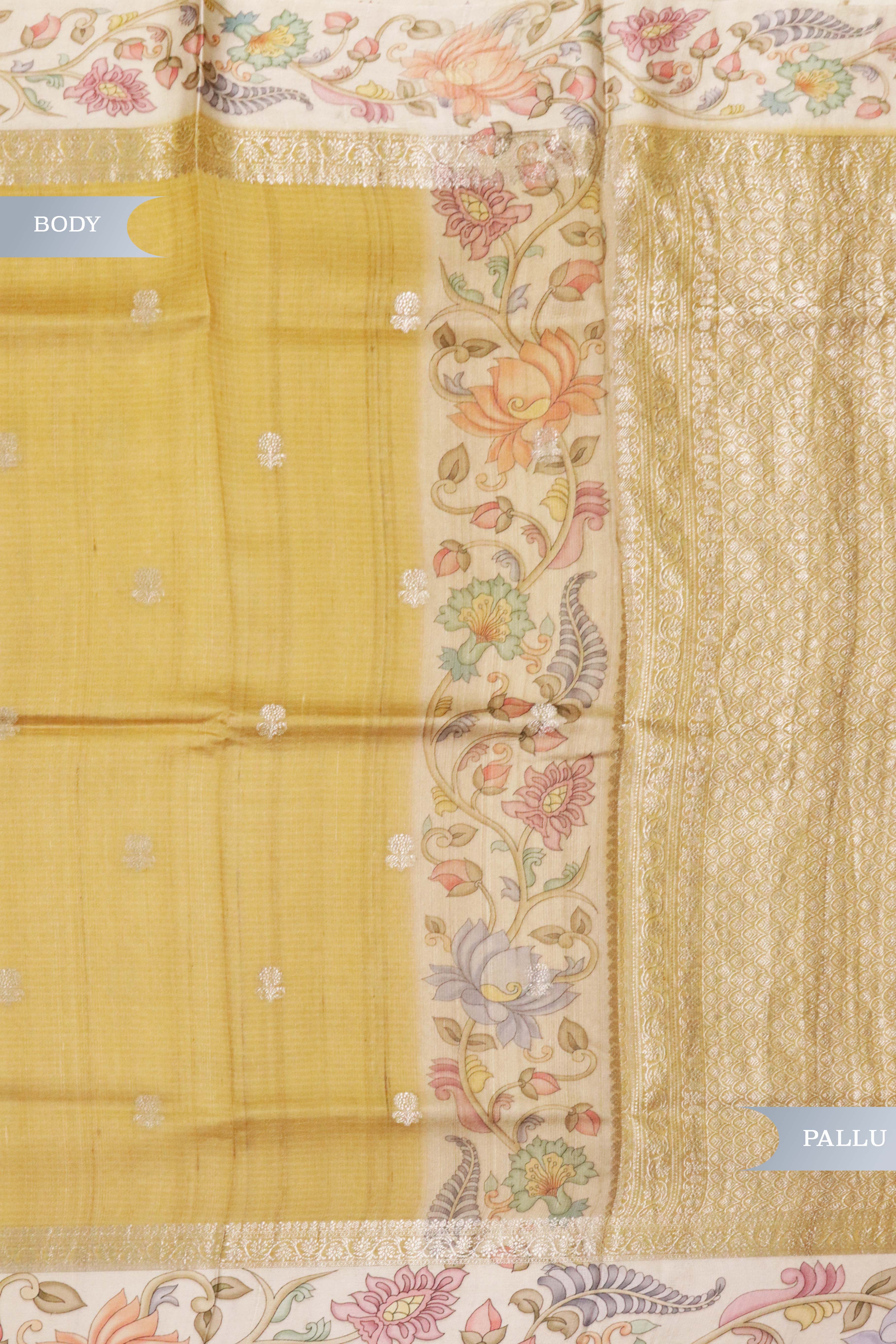 Banaras Tussar Silk Saree in Golden with Zari Motifs & Kalamkari Border