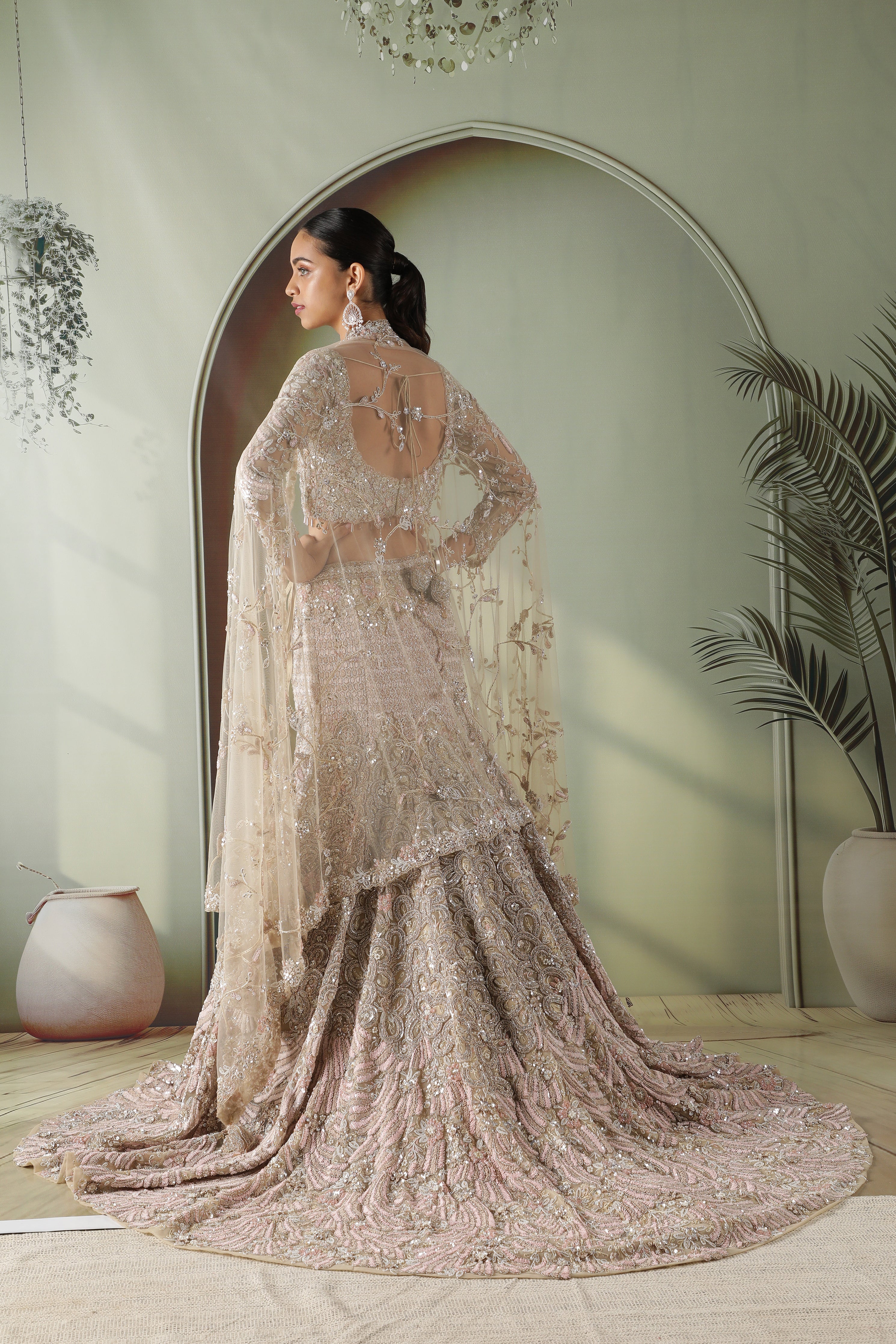 Beige Gold Mermaid Cut Bridal Lehenga Set with Trail
