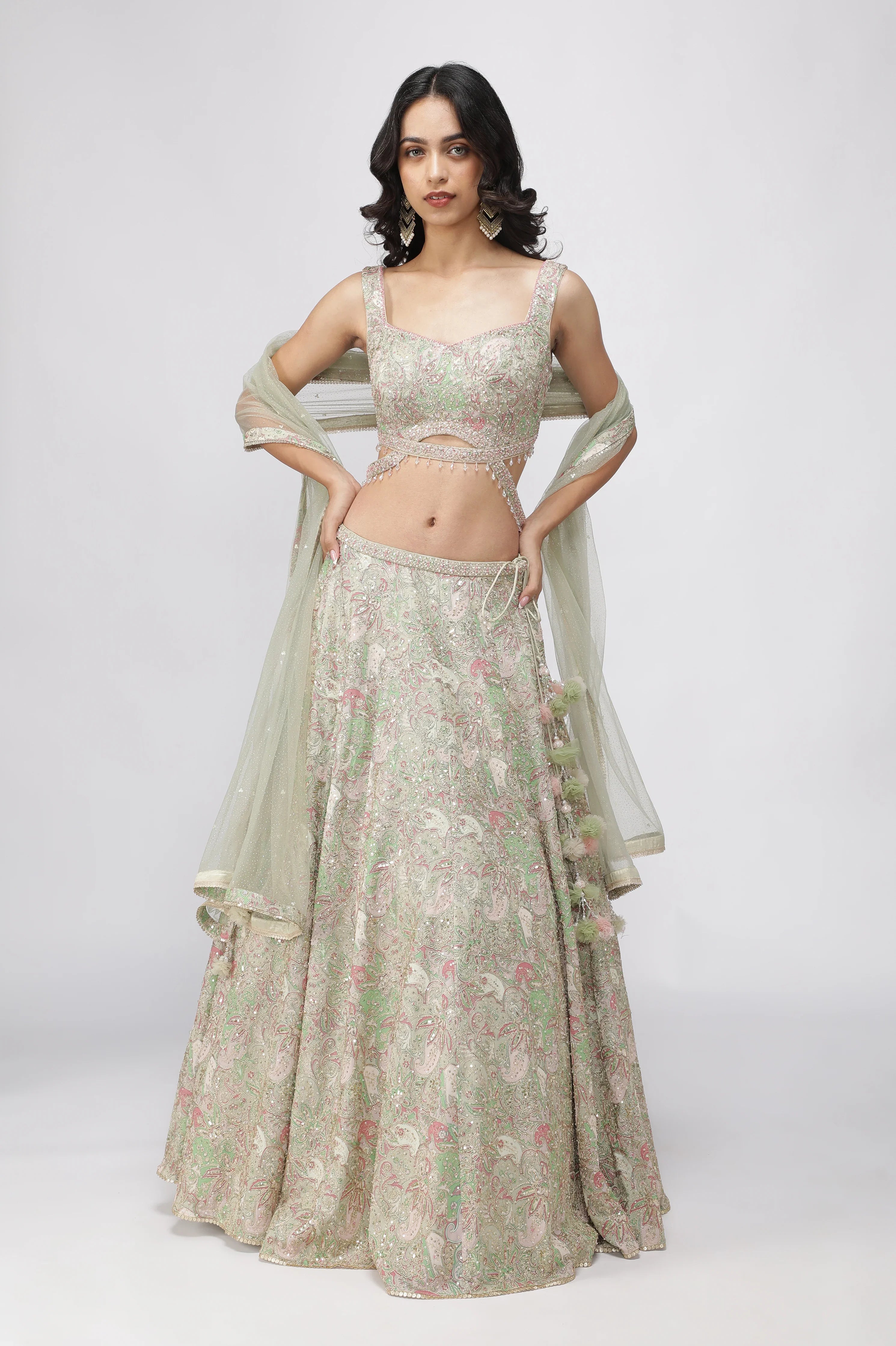 Pastel Green Printed Georgette Lehenga Set with Embellished Blouse | Mokshaa